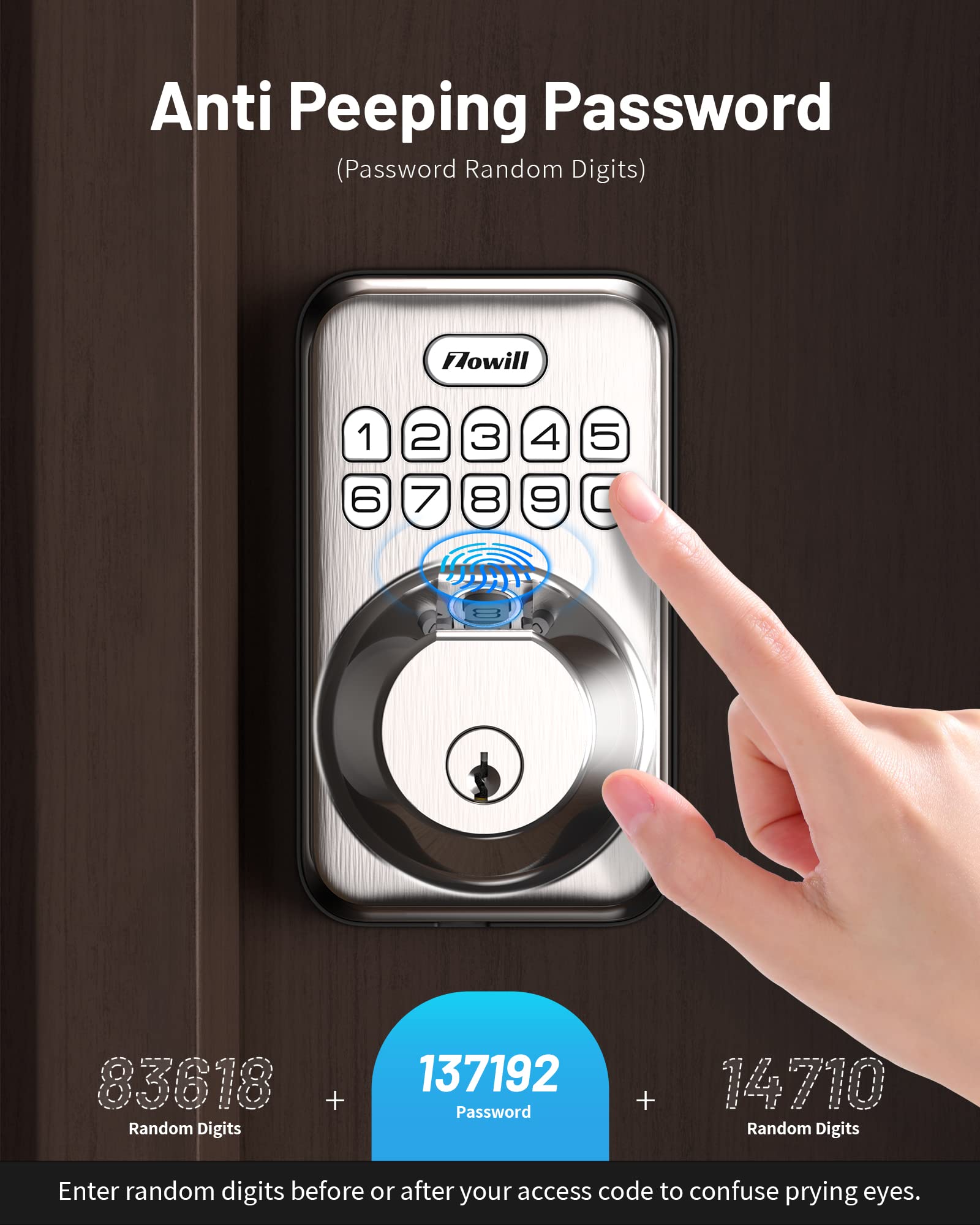 Zowill Smart Fingerprint Door Lock - Keyless Entry Deadbolt with 20 Biometric Fingerprints, Auto Lock & One-Touch Locking - Easy Install Electronic Keypad - Satin Nickel Finish | Perfect for Homes, Apartments, Offices & Vacation Rentals