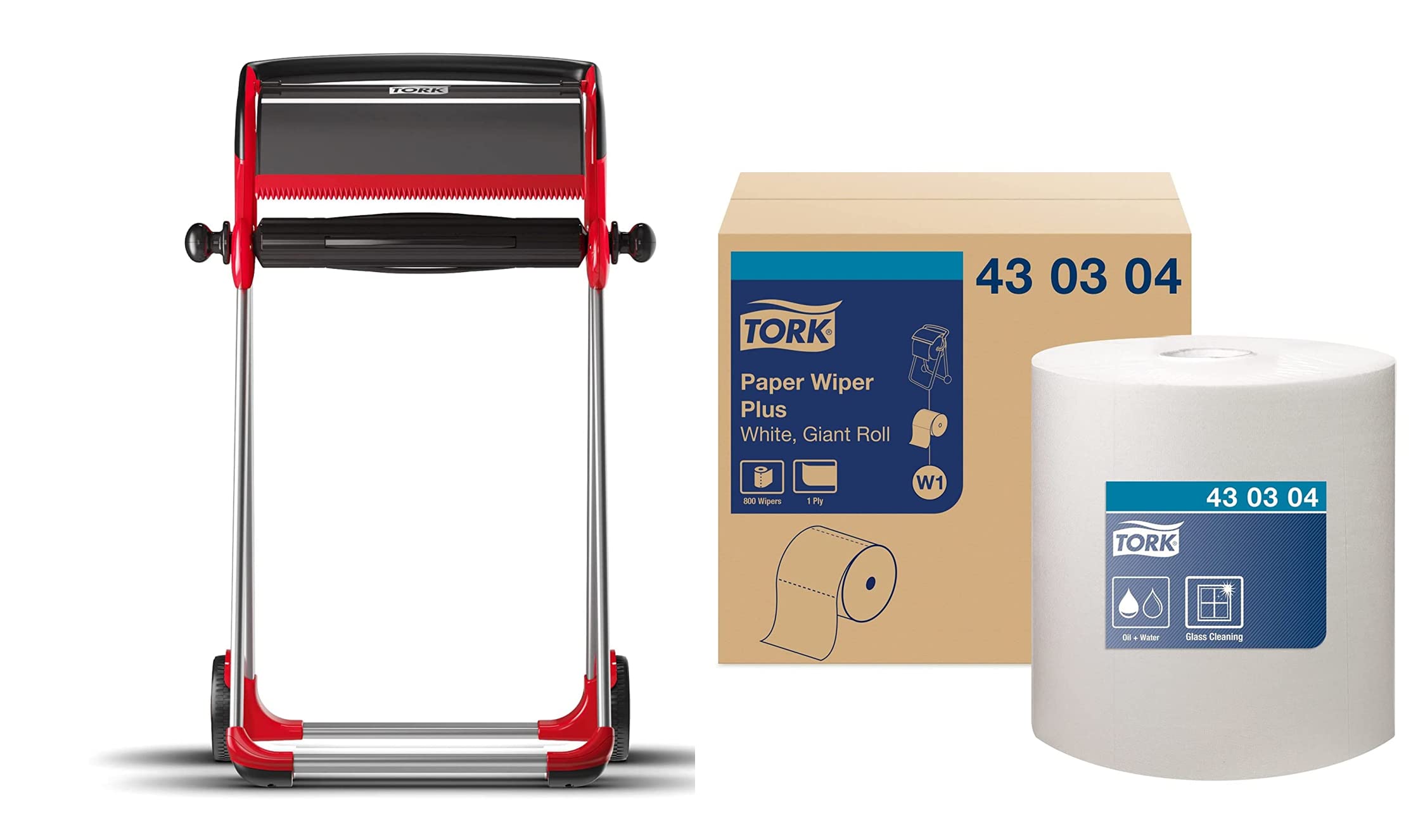 Tork Industrial Floor Stand Paper Towel Roll Dispenser - Heavy Duty Commercial Red Dispenser with 1 Refill Roll (800 Sheets) - Ideal for Restaurants, Hospitals, and Office Cleaning