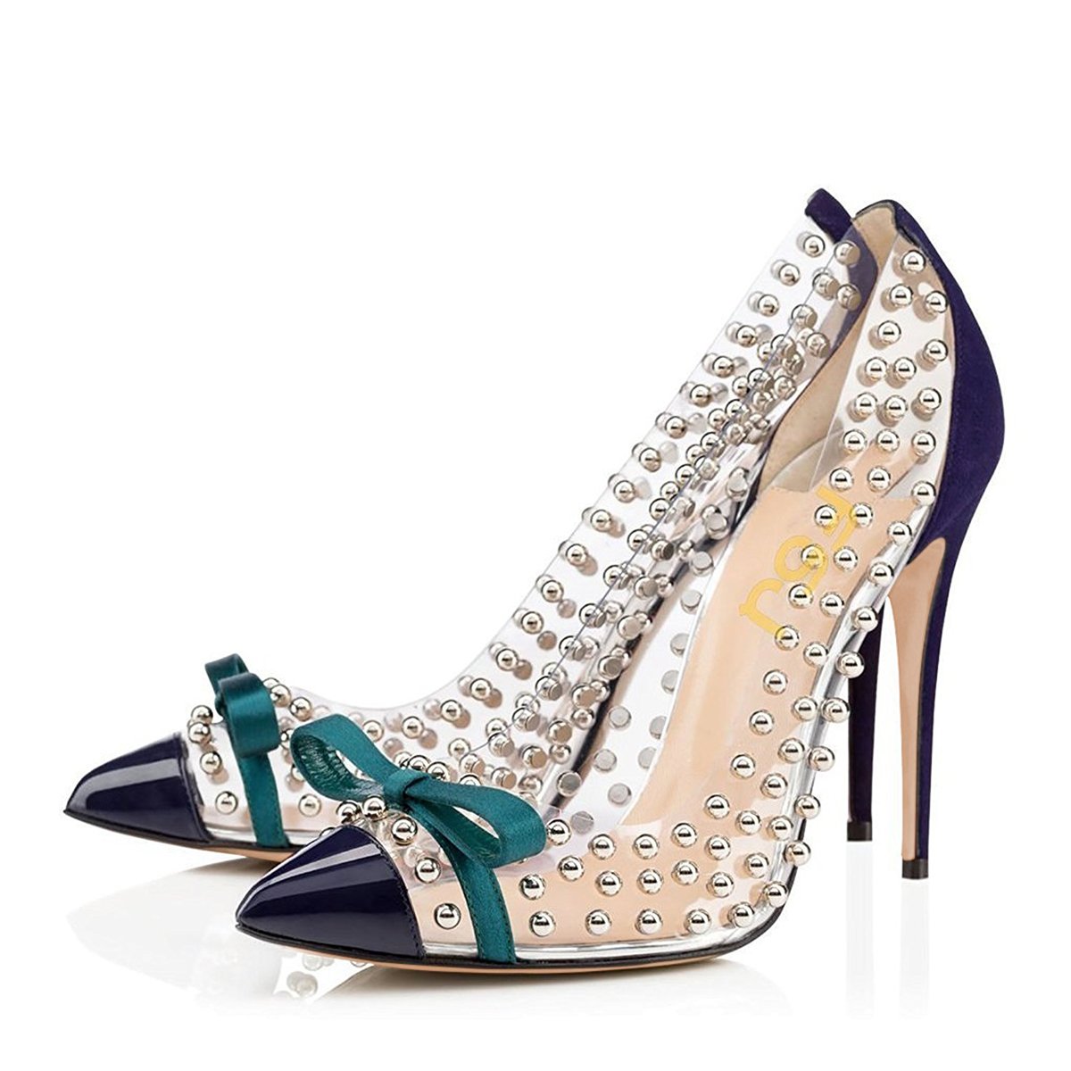 FSJ Women's Studded Pointed Toe Transparent High Heel Pumps with Bowknot - US Size 4-15 (Medium) - Perfect for Parties, Weddings & Evening Events