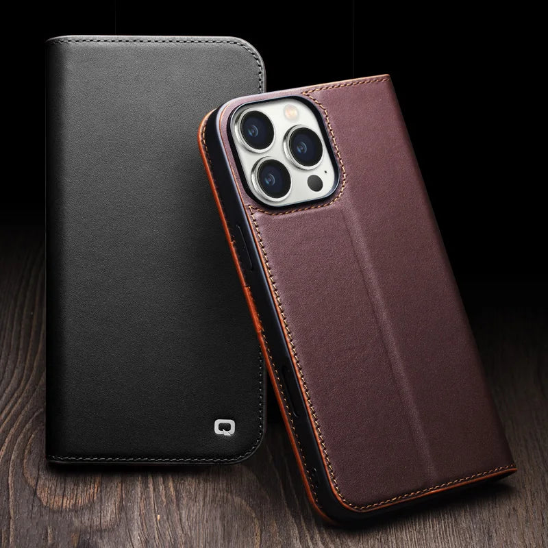QIALINO Genuine Leather Wallet Case for iPhone 16 Pro - Handmade Premium Leather Phone Cover with Card Slots | Perfect for Everyday Use, Travel & Business (Black/Brown)