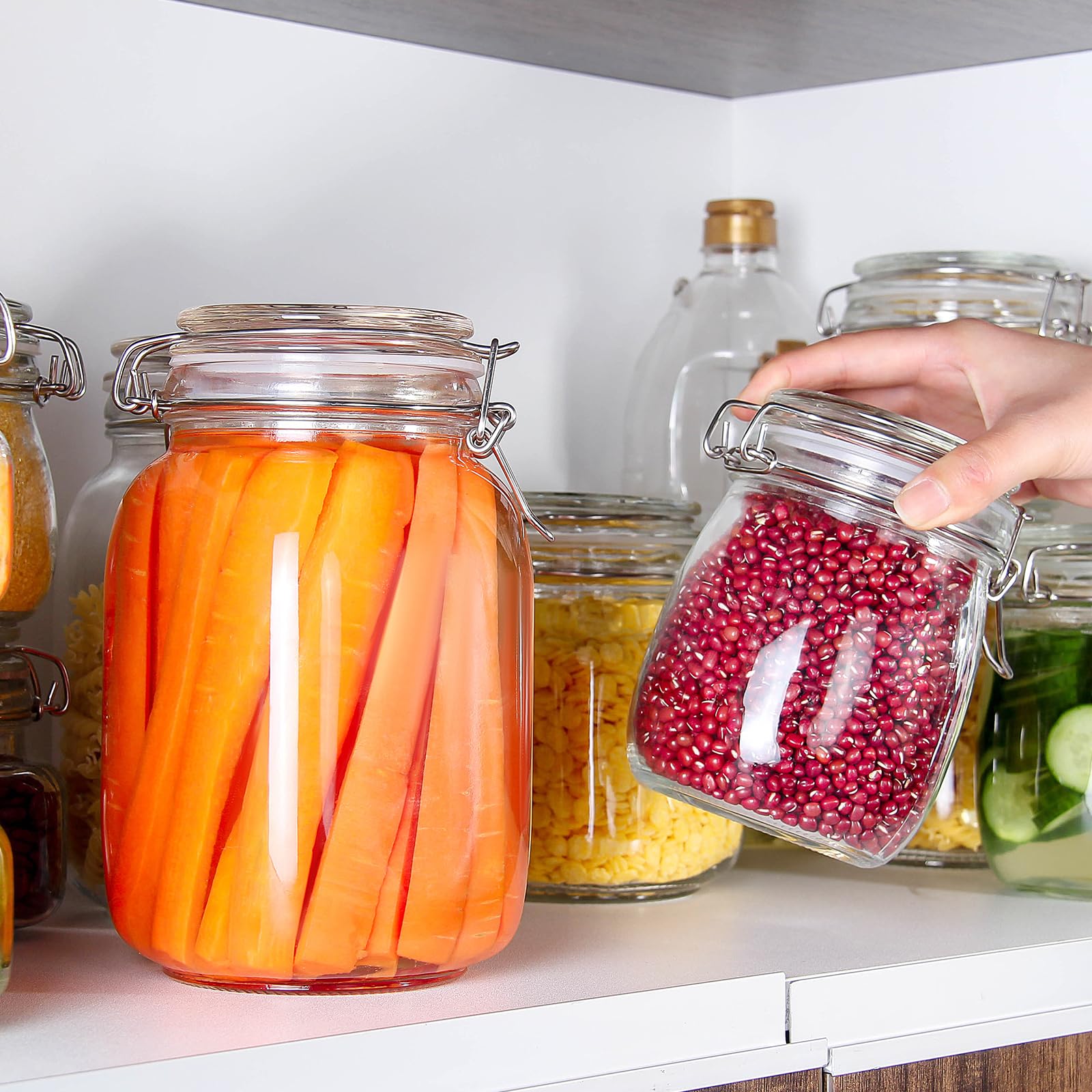 YEBODA 24oz Glass Food Storage Containers with Airtight Lids - Clear Round Canister Jars with Silicone Gaskets & Clamp Locks (4 Pack) - Perfect for Flour, Sugar, Coffee, Tea, Spices & Pantry Organization