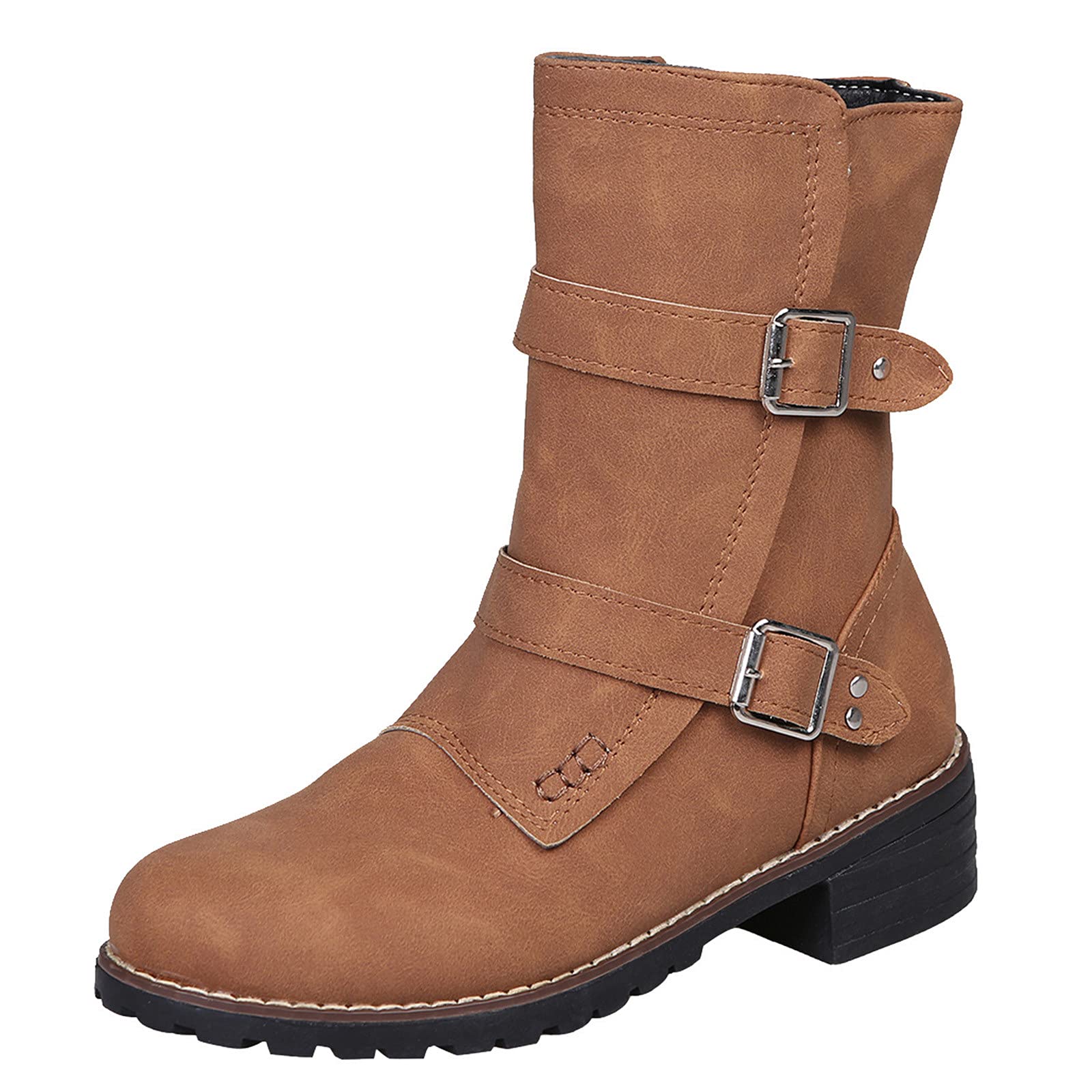 Vintage Women's Solid Color Square Heel Ankle Boots with Buckle Strap - Round Toe Mid Calf Booties for Fall Fashion, Office Wear & Night Out