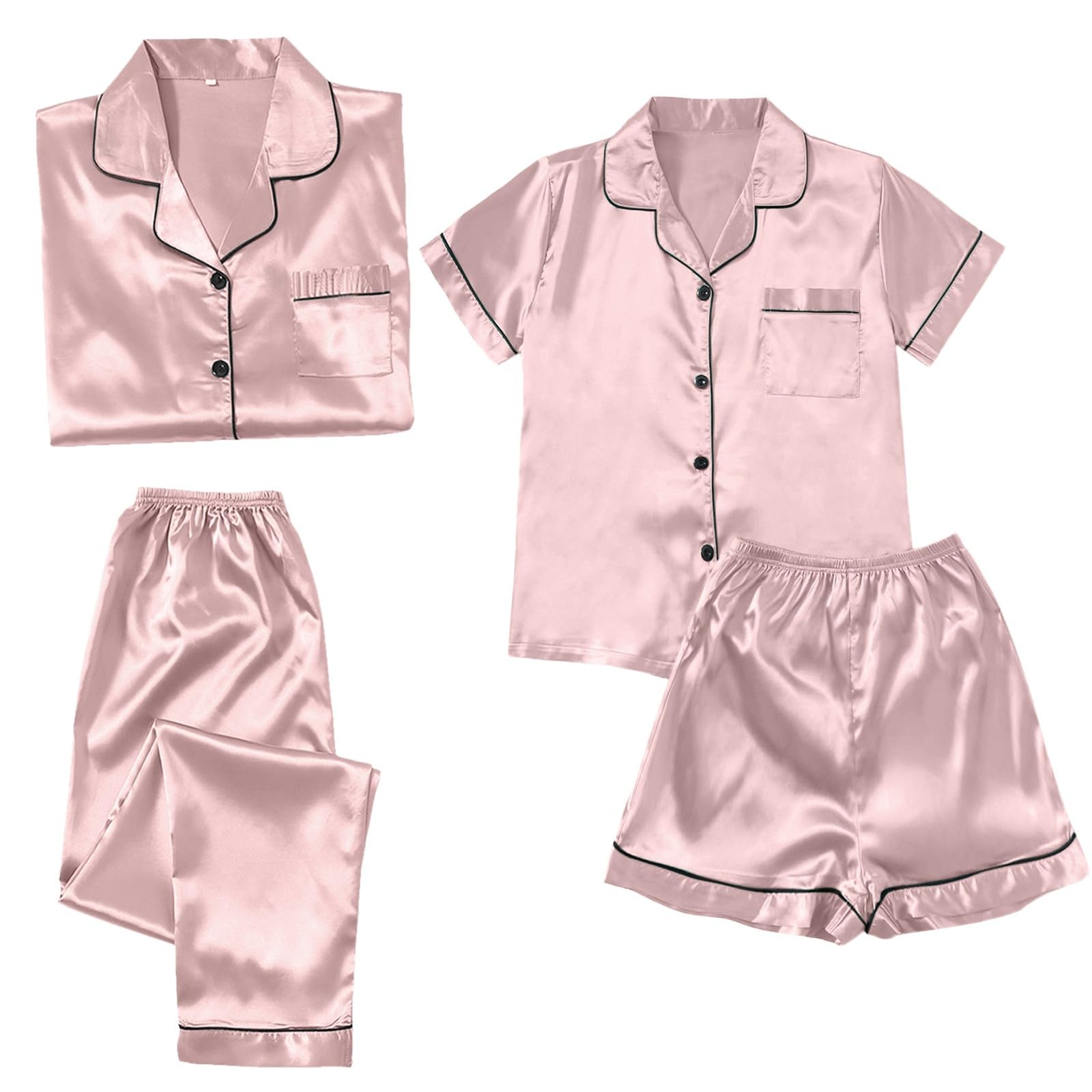 Women's 4-Piece Comfy Pajama Set - Ice Silk Long & Short Sleeve Loungewear for All Seasons - Perfect for Couples, Sleepwear & Relaxing at Home