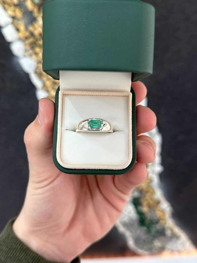 1.20ct East-West Emerald Cut Sterling Silver Ring for Men & Women - .925 Solid Silver Unisex Wedding Band, Engagement Ring, Anniversary Gift for Him or Her - Perfect for Everyday Wear, Special Occasions & Jewelry Collections