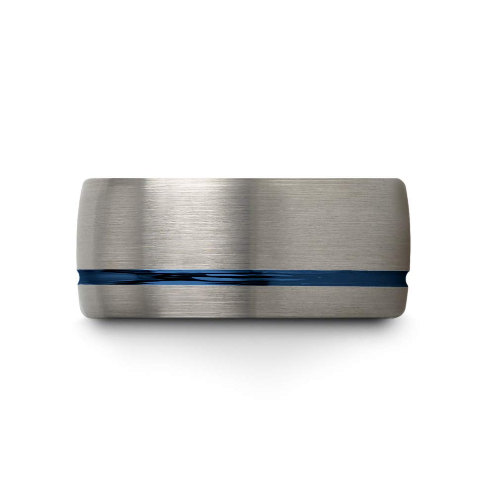Premium Tungsten Carbide Wedding Band Ring for Men & Women - 10mm Blue & Black Offset Line, Dome Grey Exterior, Brushed & Polished Finish - Custom Engraving for Anniversary & Engagement - Perfect for Everyday Wear, Special Occasions & Gift Giving