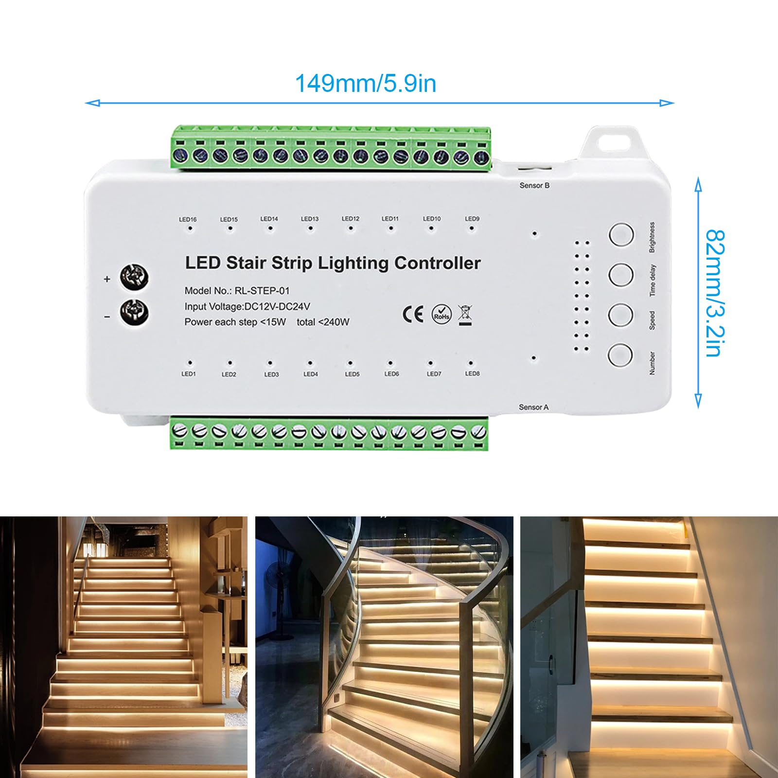 Smart Motion Sensor LED Stair Lights - Indoor COB LED Strip Lighting for Staircases, Under Step Tread Lights with Main Wire (16 Steps) - Perfect for Home Safety, Nighttime Navigation, and Modern Staircase Decor
