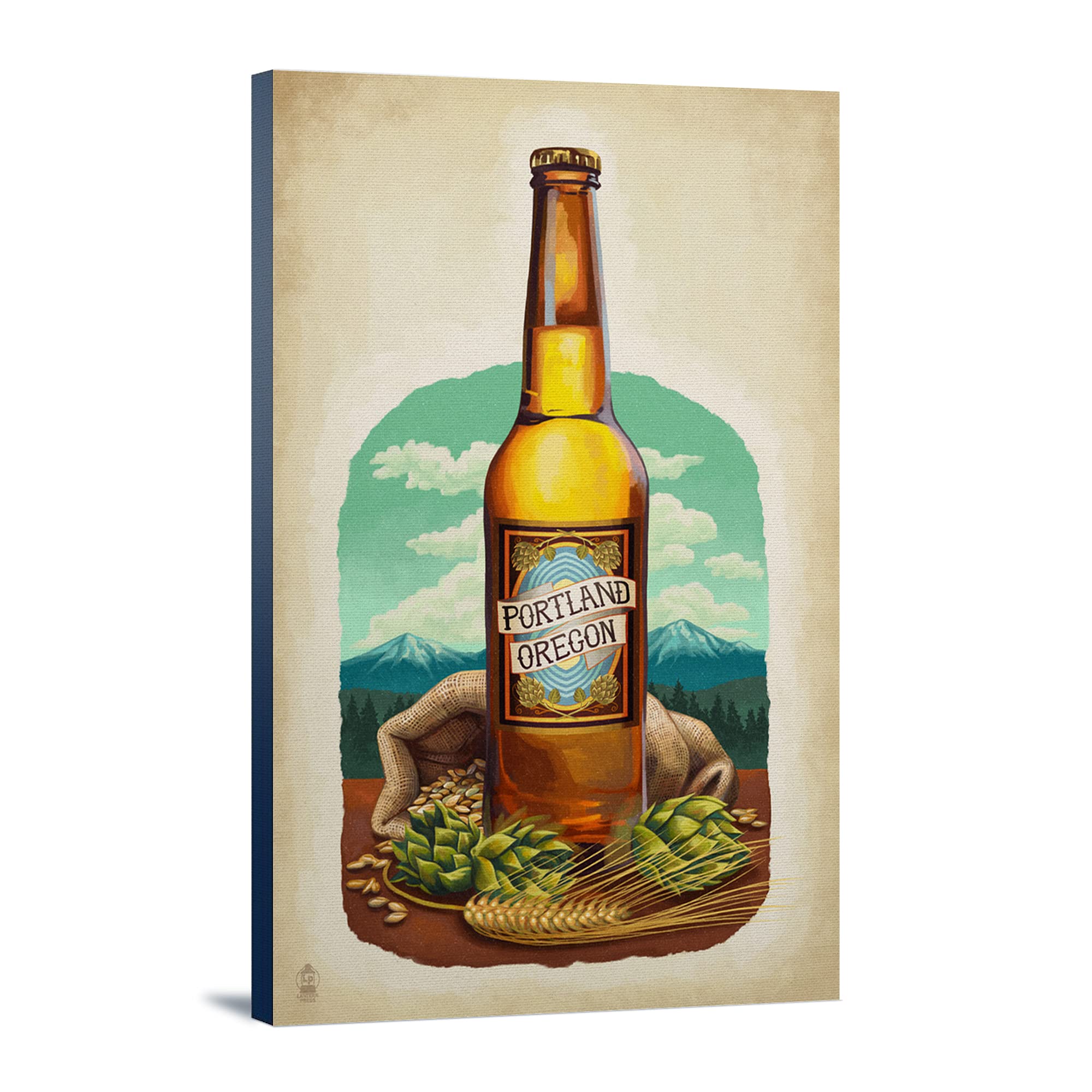 Portland Oregon Beer Bottle & Ingredients Art Print - 24x36 Gallery Wrapped Canvas Wall Decor for Home Bar, Man Cave or Brewery Gift