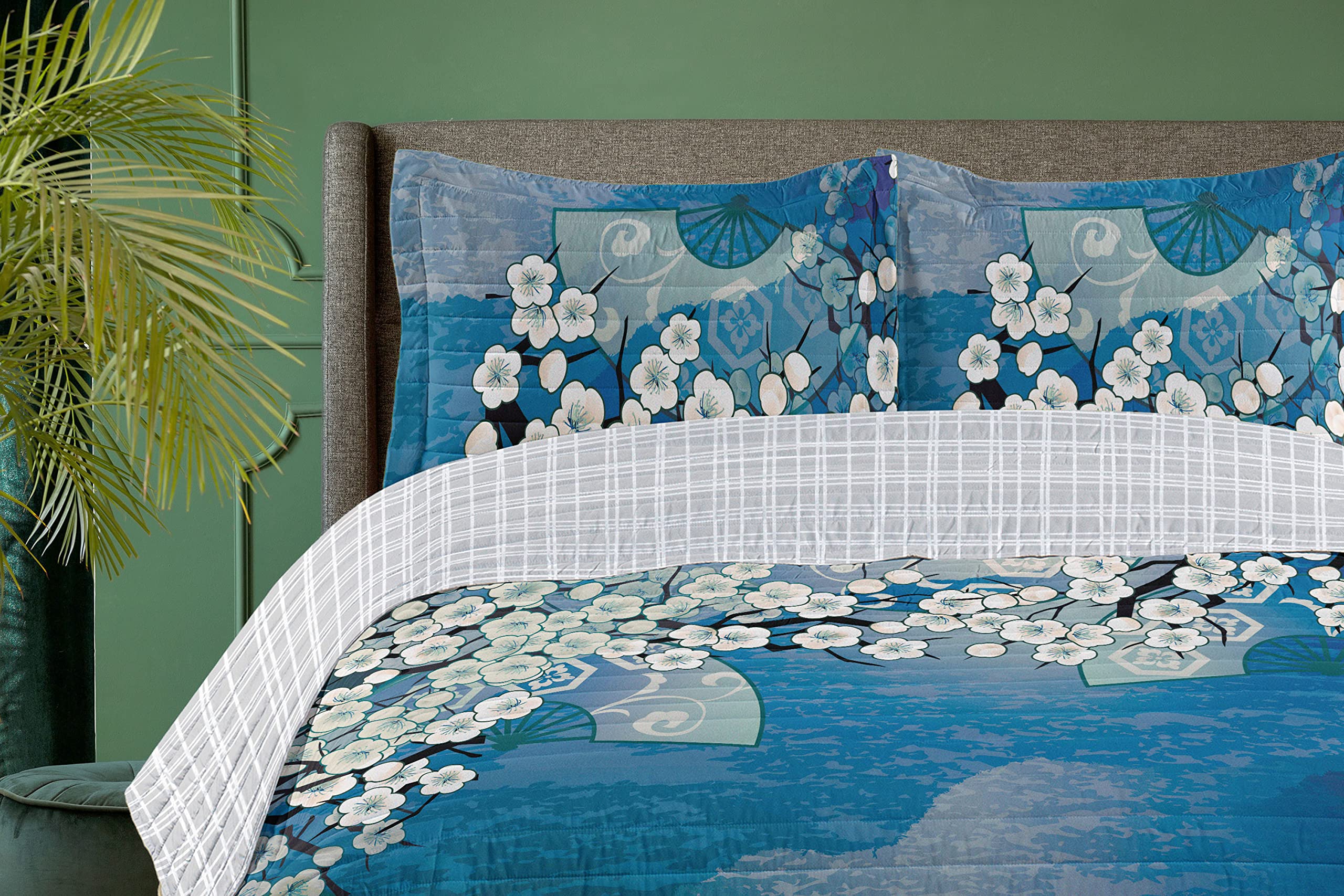 Ambesonne Reversible King Size Bedspread Set - Japanese Cherry Blossom Sakura Tree Design, Microfiber Comforter with Pillow Shams, Sky Blue | Spring Floral Bedding for Master Bedroom, Guest Room Decor