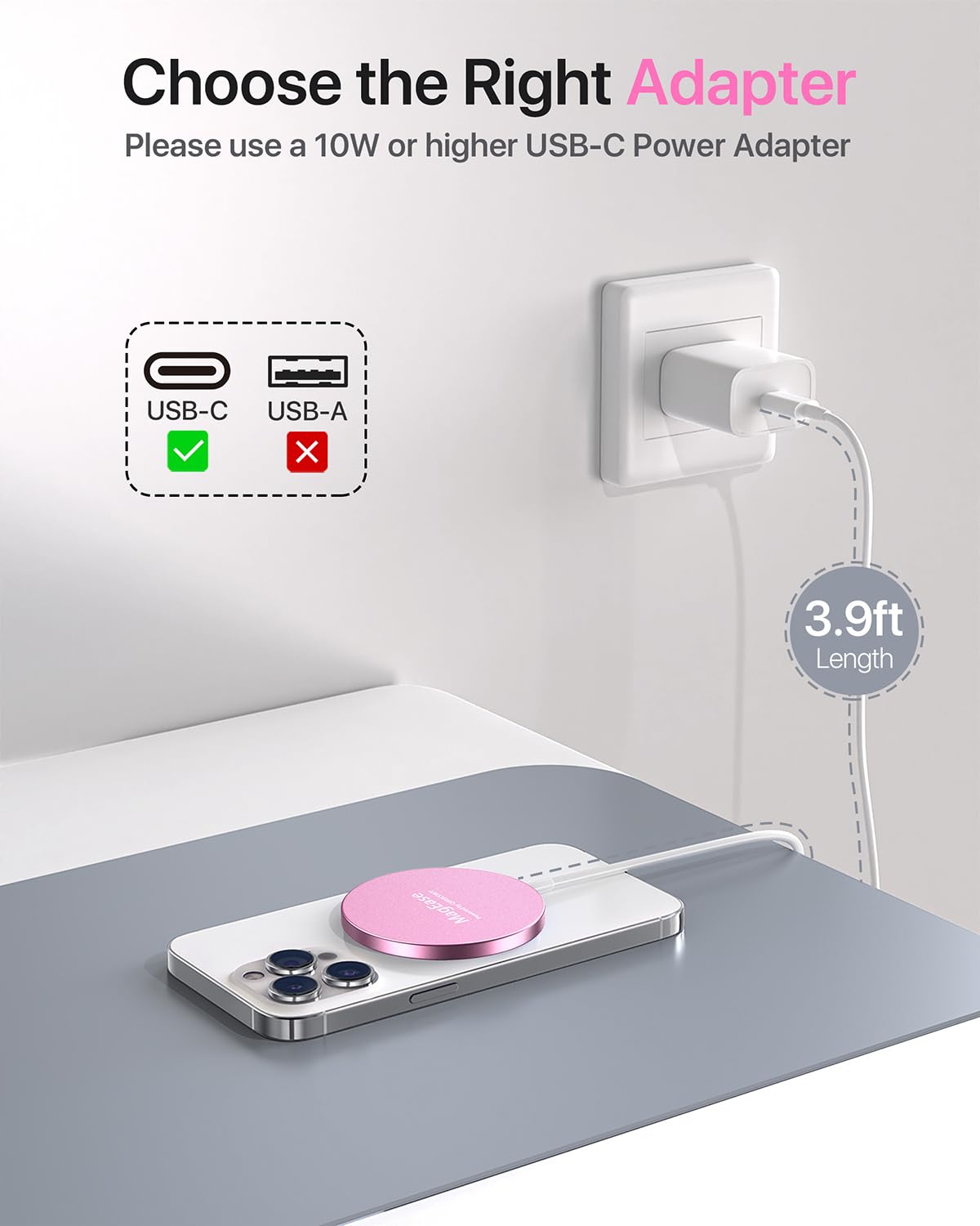 EXW Magnetic Wireless Charger for iPhone 16/15/14/13/12 Series & AirPods 3/2/Pro - Fast Qi-Certified Magsafe Charging Pad (Pink) | Perfect for Bedside, Office & Car Use