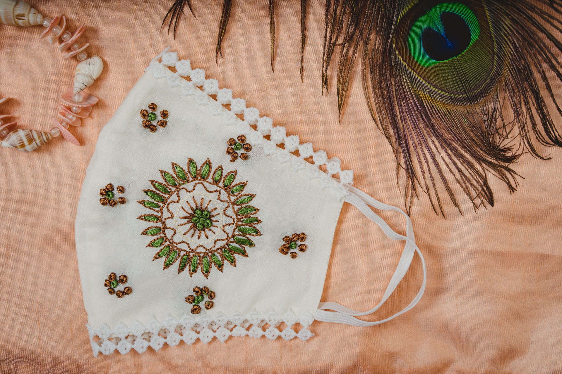 Sunflower Embroidered Cream Cotton Lace Face Mask - Breathable & Stylish for Outdoor Activities, Travel, and Daily Protection