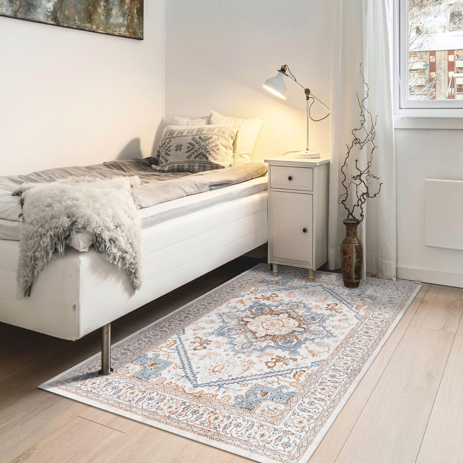 Syalife 3x5 Washable Low Pile Non-Slip Area Rugs for Living Room, Bedroom, Entryway & Kitchen - Non-Shedding Soft Carpet in Beige, White & Blue - Perfect for Home Decor, Pet-Friendly Spaces & High-Traffic Areas