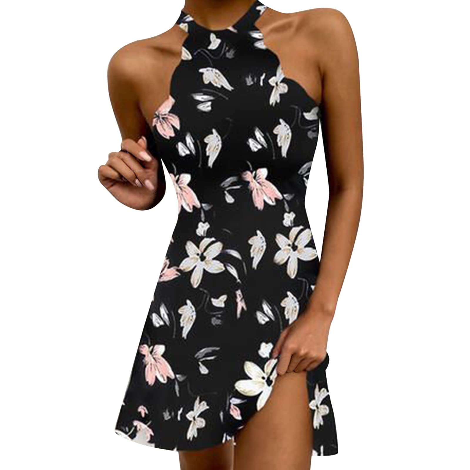 Boho Floral Summer Dress for Women - Casual Loose Halter Sleeveless A-Line Mini Dress | Beach Vacation, Party & Date Night Outfit