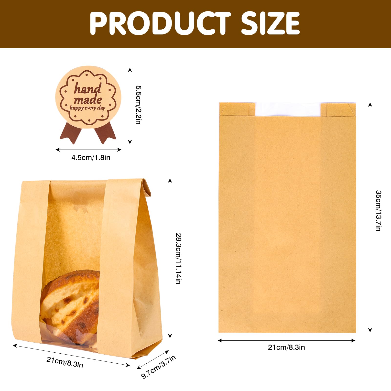 Moretoes Sourdough Bread Bags with Window - 50 Pack 13.7x8.3x3.5 Inch Reusable Paper Bread Bags for Homemade Bread, Baked Goods Storage - Includes Label Seal Stickers - Perfect for Bakeries, Farmers Markets & Home Baking