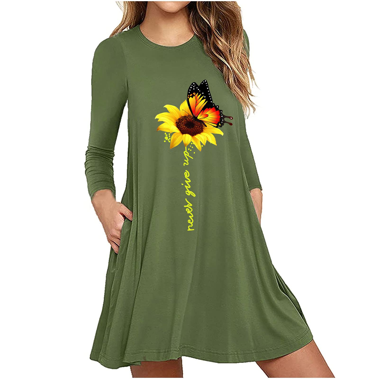 Women's Summer Butterfly Sunflower Print Long Sleeve A-Line Sundress - Plus Size Loose Fit Party Dress for Beach, Vacation & Casual Outings
