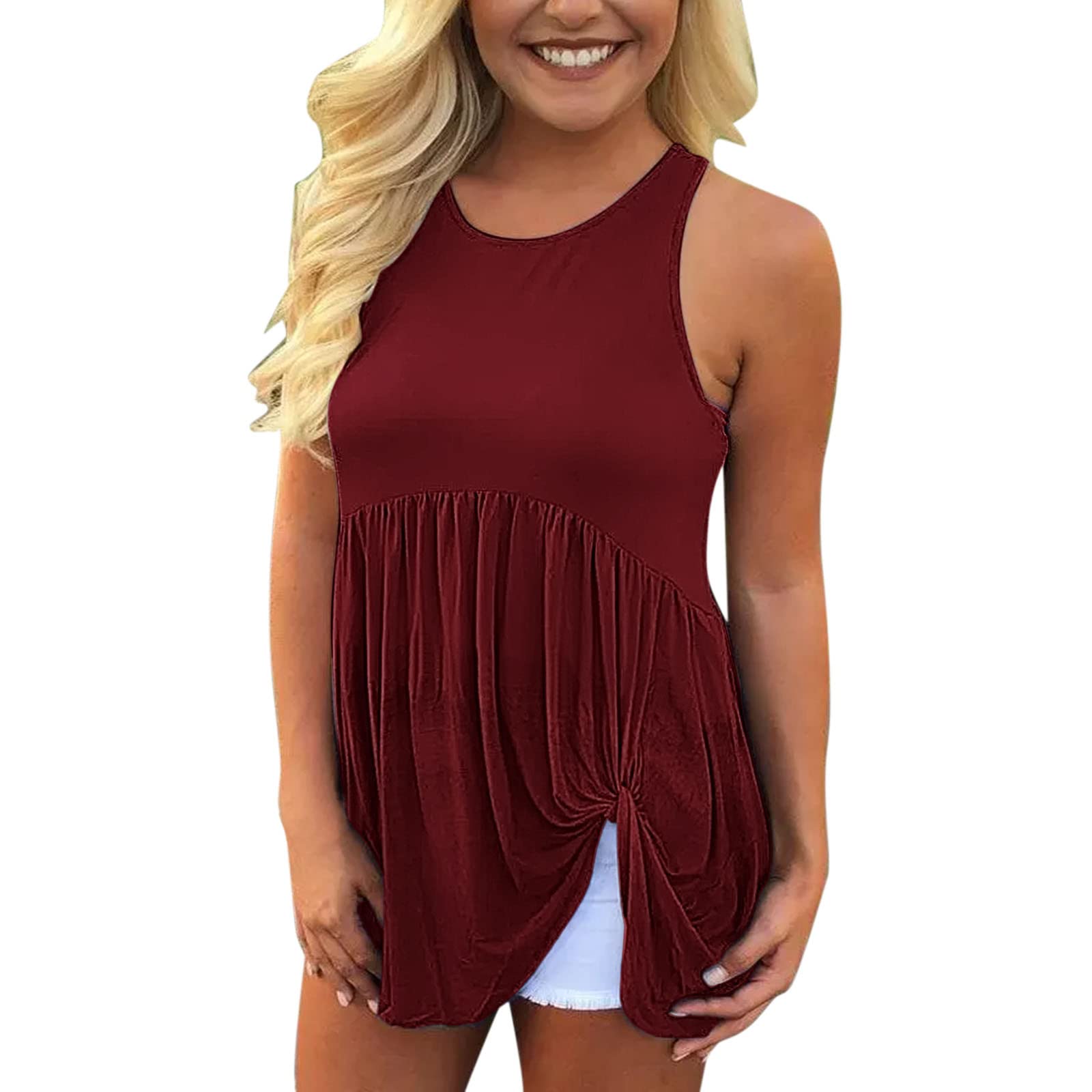 Women's Cropped Tank Tops - Casual Round Neck Loose Fit Solid Color Ruffled Twist Blouse (Wine, XXL) | Perfect for Summer Outfits, Beach Wear & Casual Style