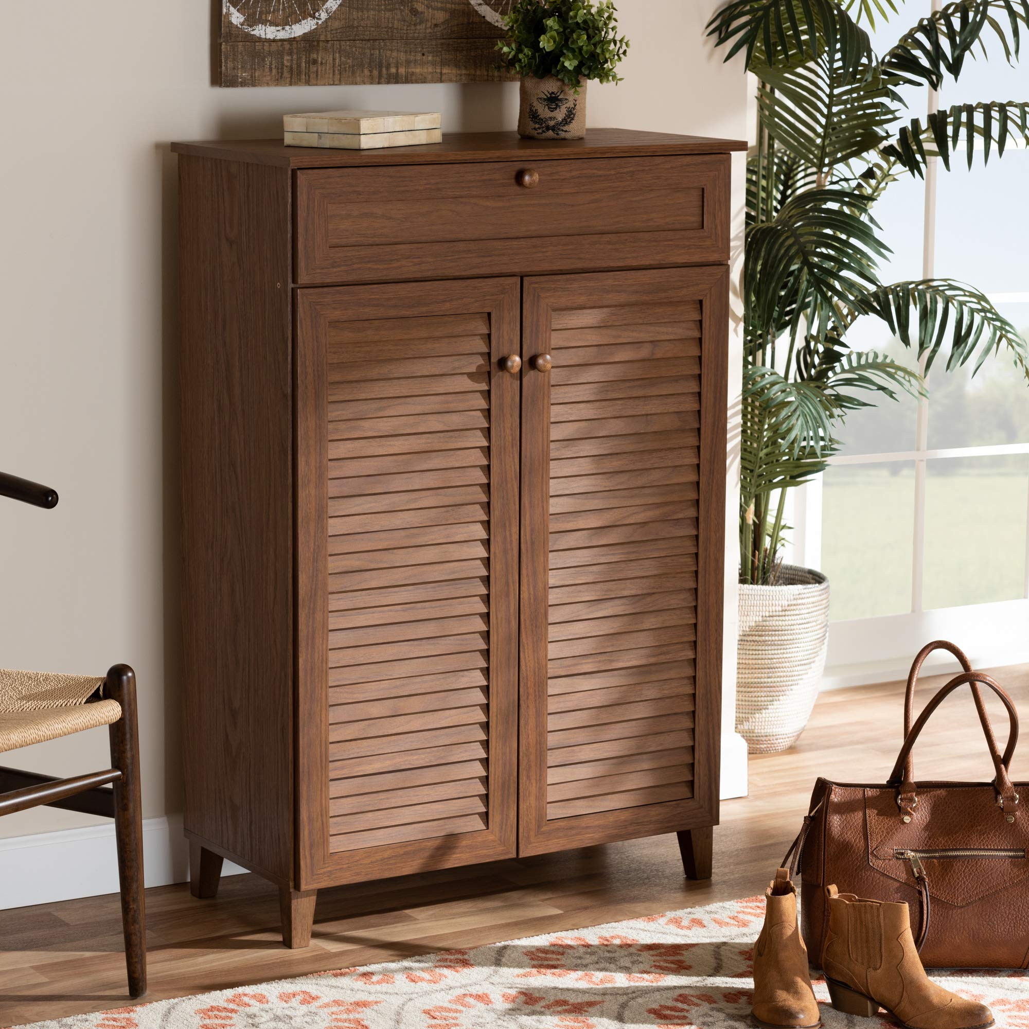 Baxton Studio Shoe Cabinet with Storage - Walnut Finish Entryway Organizer for Shoes & Accessories | Perfect for Small Spaces, Apartments & Closets