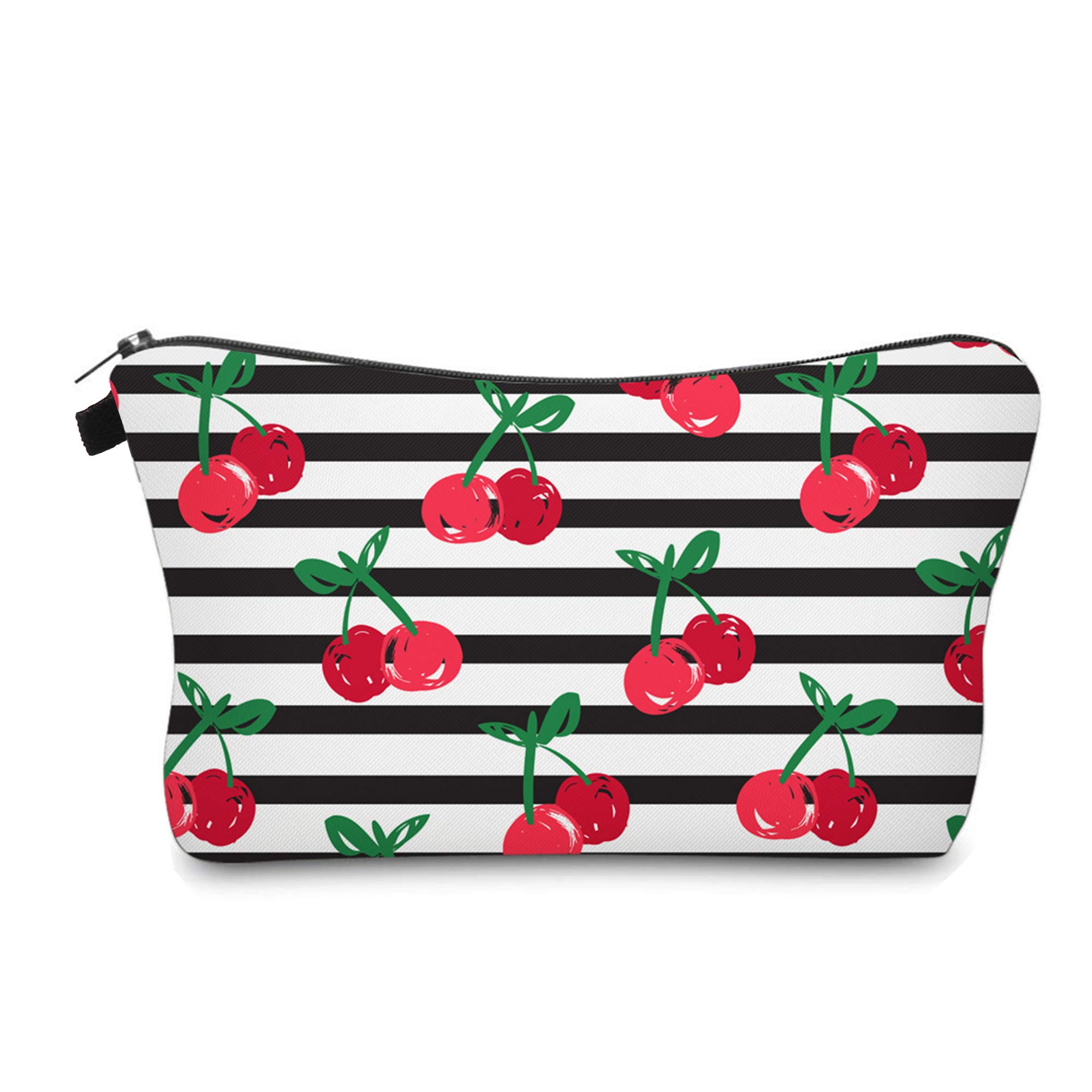 Stylish Striped Cherry Print Travel Makeup Bag - Small Cosmetic Pouch for Women, Perfect for Travel, Gym & Daily Essentials Organization