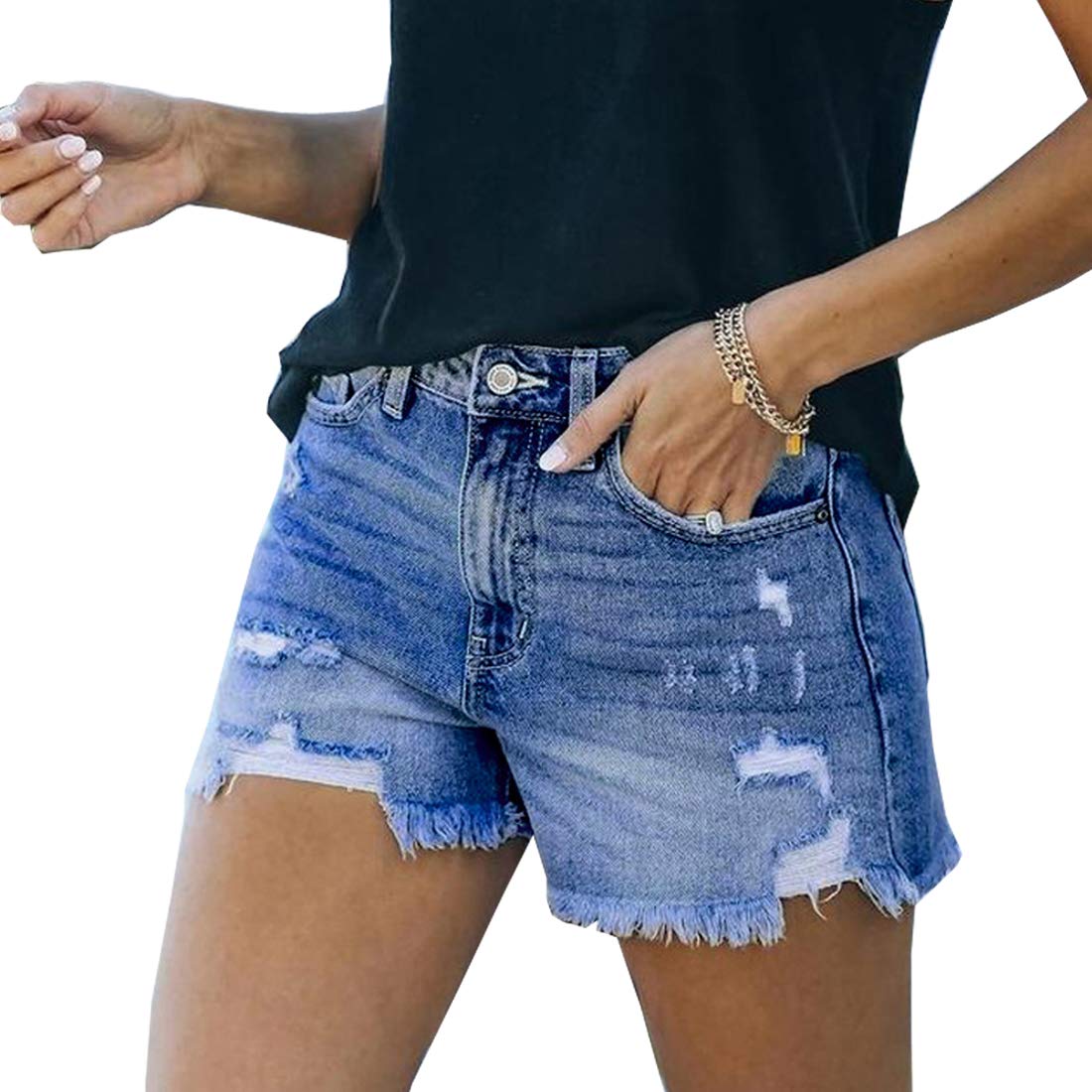 Women's Ripped Stretch Denim Shorts with Frayed Raw Hem - High Waisted Distressed Jean Shorts for Summer Casual Outfits & Streetwear Fashion