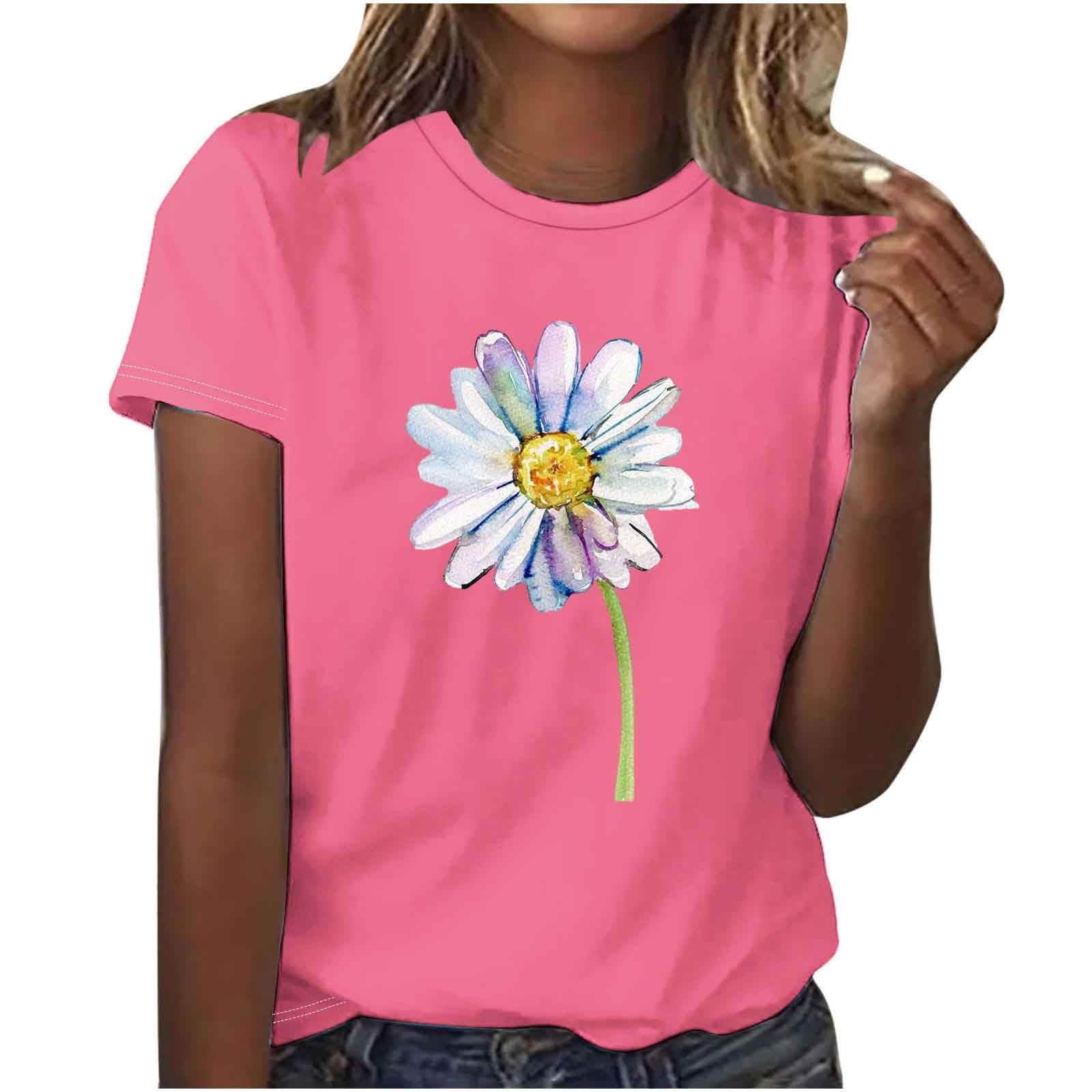 Women's Summer Vacation Sunflower Print Cute Short Sleeve Tunic T-Shirt - 2024 Fashion Graphic Blouse for Beach, Travel & Casual Outfits