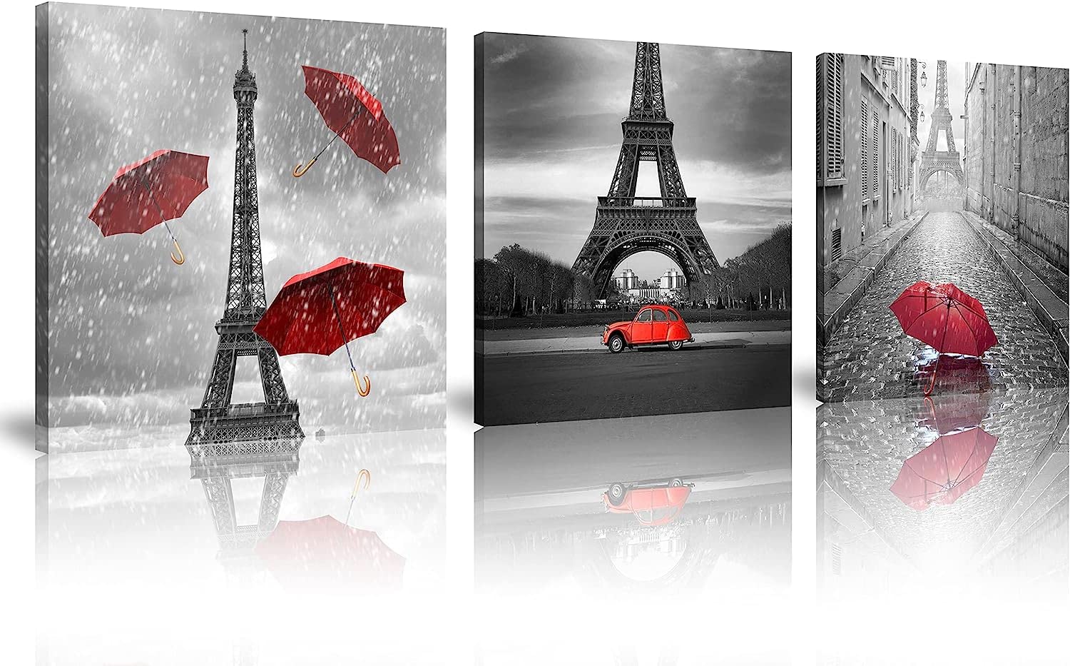 3-Piece Red Paris Wall Art Canvas Prints - Black & White Eiffel Tower with Red Umbrella Decor | Stretched & Framed Ready to Hang | Perfect for Living Room, Bedroom & Office Decor | Vintage Parisian Home Art