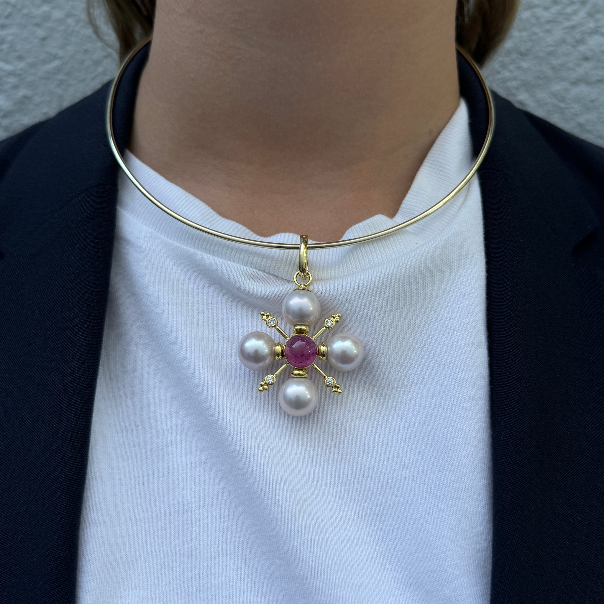14K Gold Pink Tourmaline Diamond Pearl Cross Pendant Necklace - Elegant Religious Jewelry for Women, Perfect for Baptism, Confirmation & Everyday Wear