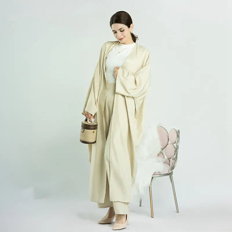 2 Piece Open Abaya with Matching Pants Set - Modest Muslim Women's Office Wear & Work Clothes | Elegant Prayer Dress for Mosque, Professional Outfit for Business, Comfortable Daily Wear