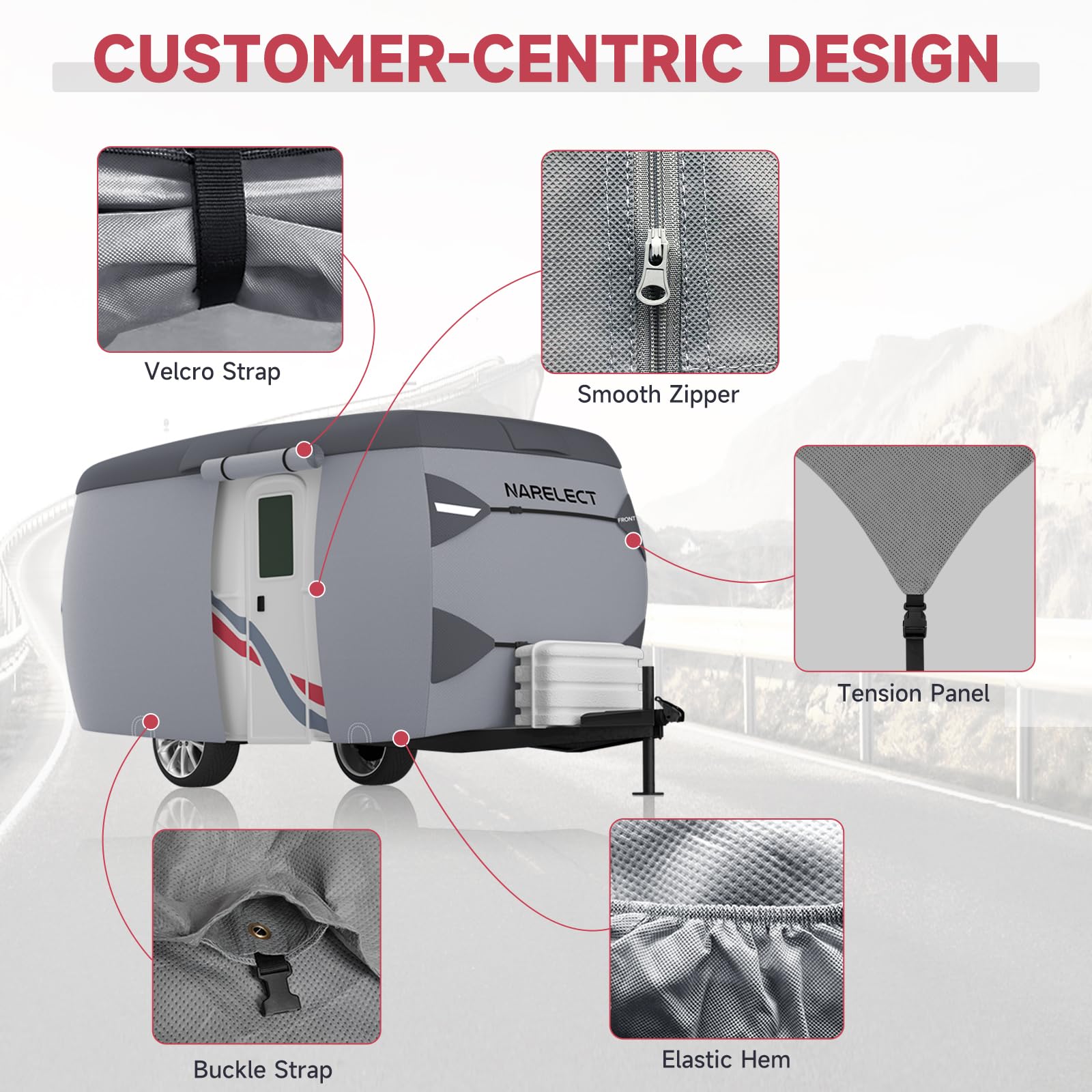 Upgraded Waterproof Fiberglass Travel Trailer Cover - 8'-10' Fit, Windproof Straps & 7-Layer UV Protection for Camping & Outdoor Storage