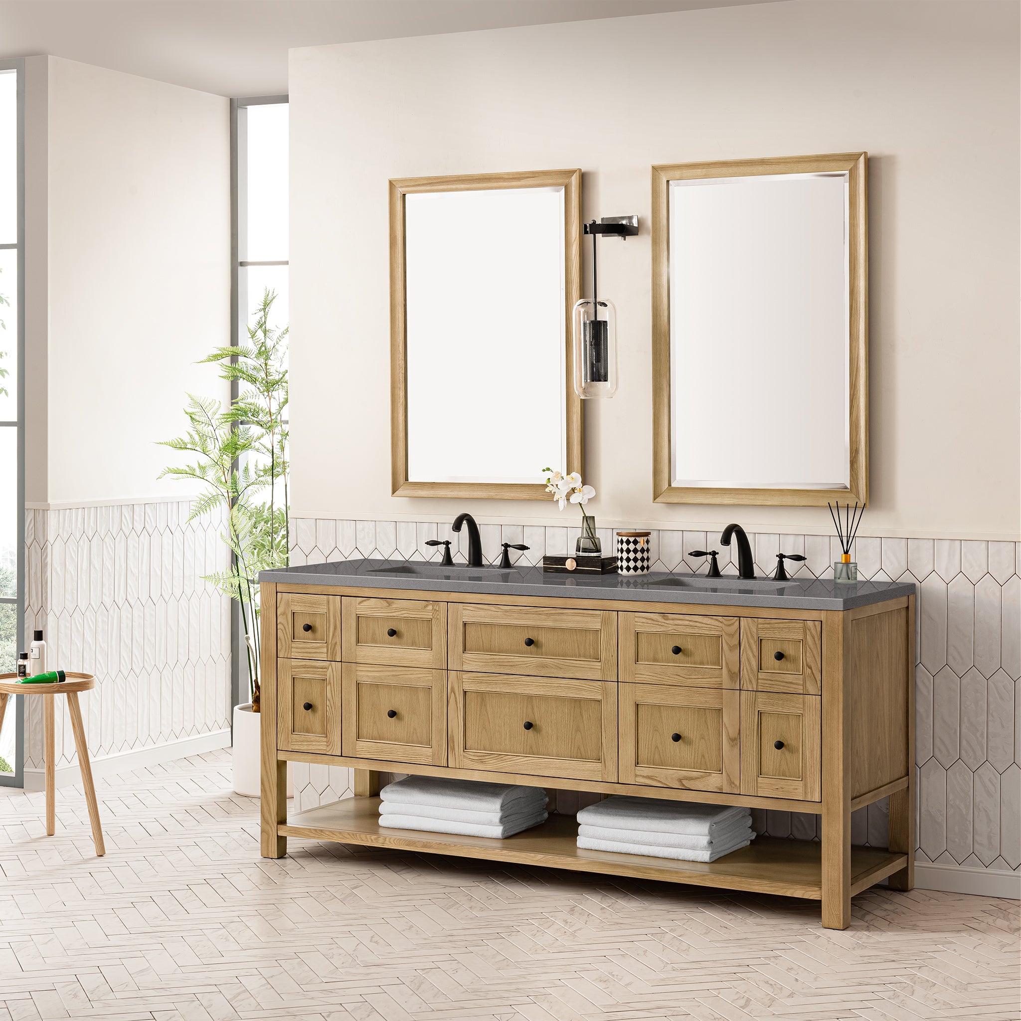 Breckenridge 72-Inch Double Vanity with Light Natural Oak Finish and 3CM Grey Expo Top – Perfect for Modern Bathroom Renovations and Master Suite Upgrades