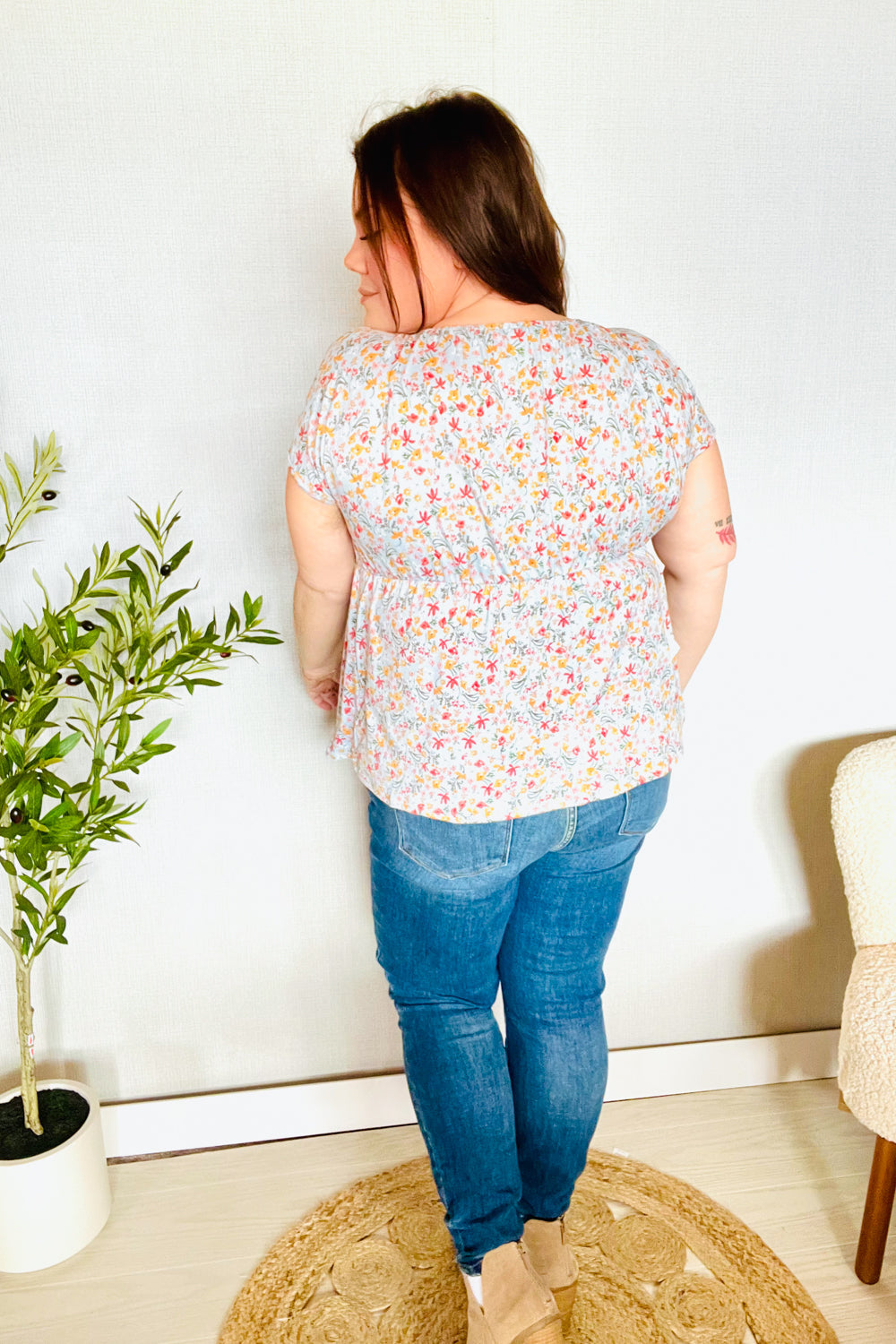 Charming Sky Blue Floral Print Elastic Neck Ribbon Tie Blouse - Women's Fashion Top for Casual Outings & Summer Parties