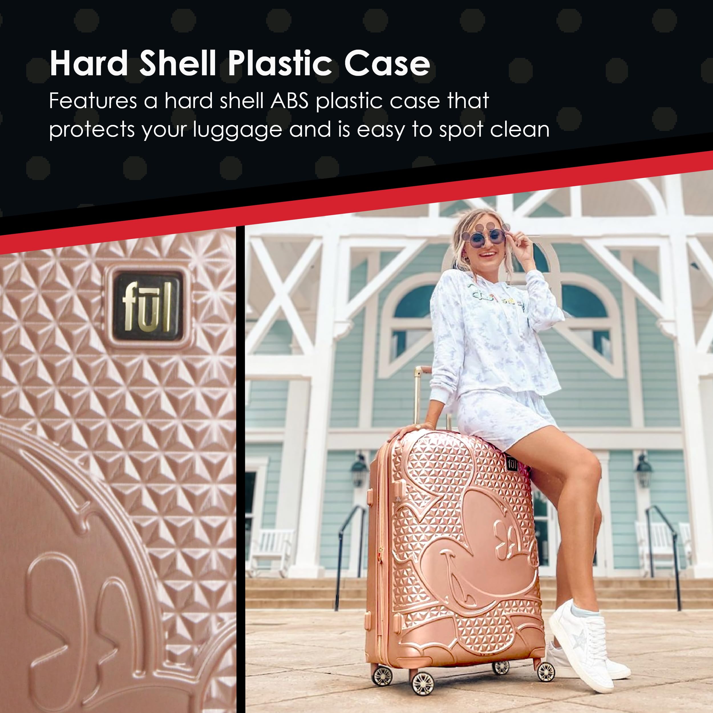 Disney Mickey Mouse Hardshell Spinner Carry On Luggage 21 Inch - Rose Gold Rolling Suitcase for Travel, Airplane & Vacation (Perfect for Disney Fans & Family Trips)