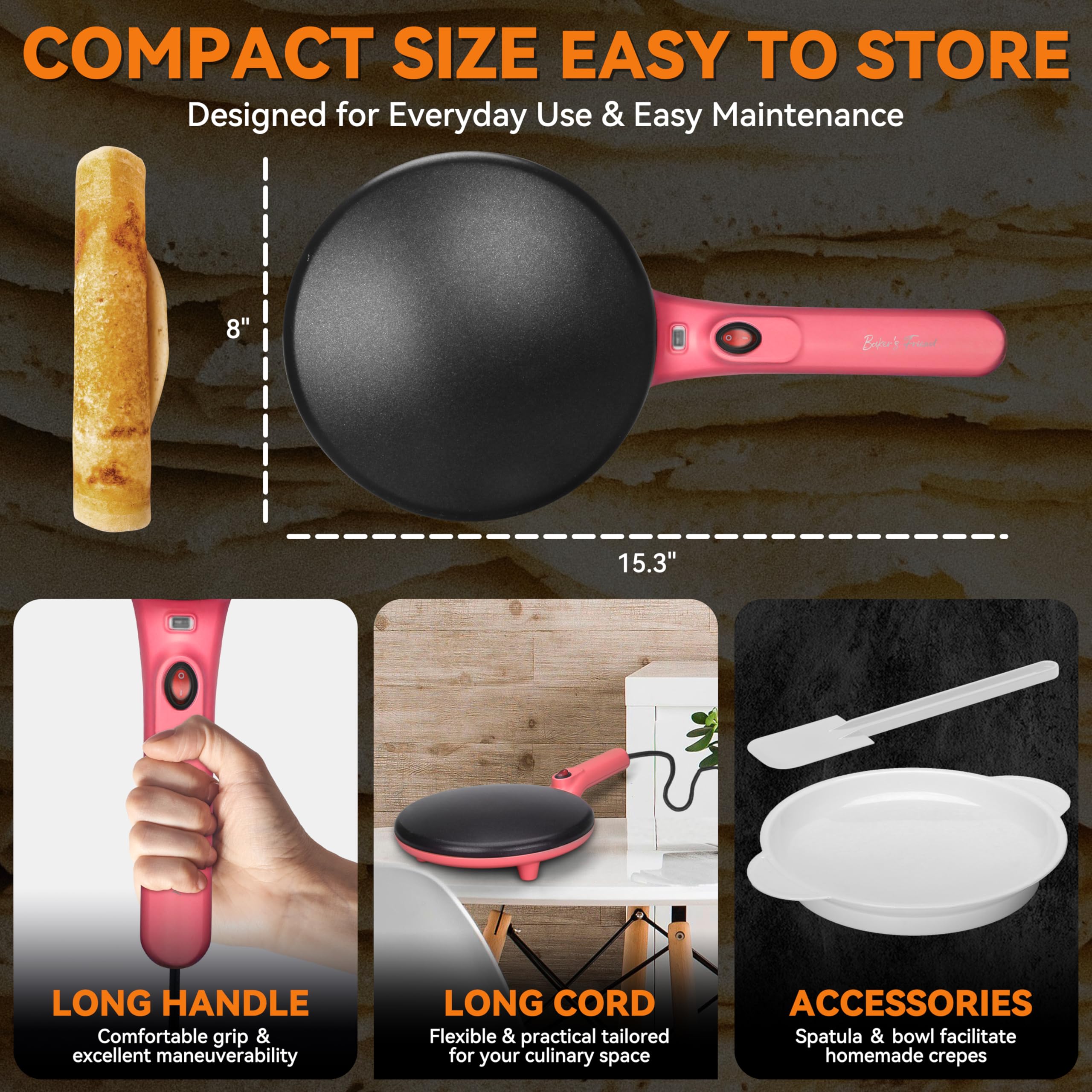 Electric Crepe Maker Machine - 8 Inch Non-Stick Cooking Surface with Handle, Raspberry Red | Perfect for Breakfast, Desserts & French Cuisine | Baker's Friend Instant Crepe Maker for Home & Commercial Use