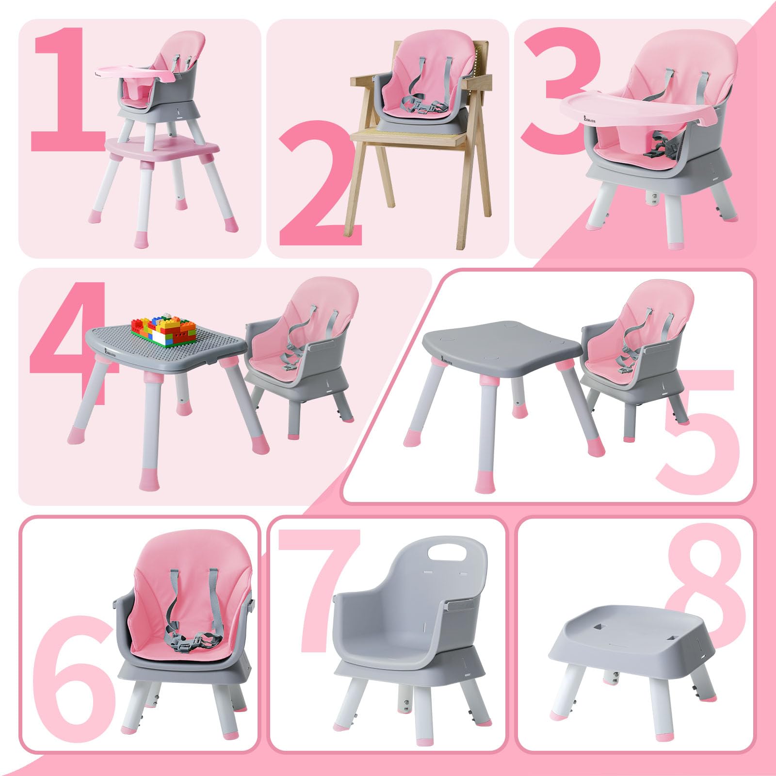 8-in-1 Convertible Baby High Chair with Removable Tray - Toddler Learning Table, Building Block Activity Center & Kids Stool Set (Pink) - Perfect for Mealtime, Playtime & Early Childhood Development