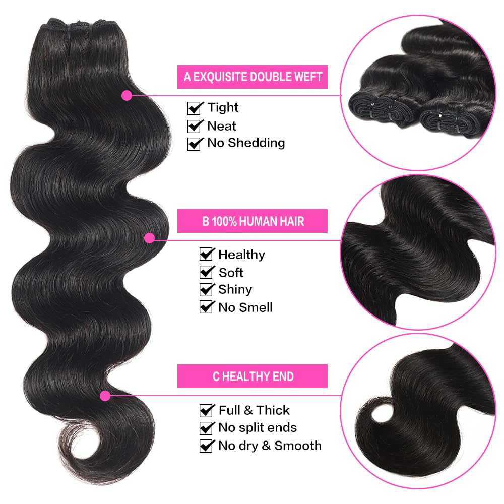 12A 100% Real Human Hair Bundles 20 22 24 Inch - 3 Pcs Body Wave Hair Extensions for Weaving - Natural Black Wavy Weft Hair for Styling & Volume - Perfect for Daily Wear, Parties & Special Occasions