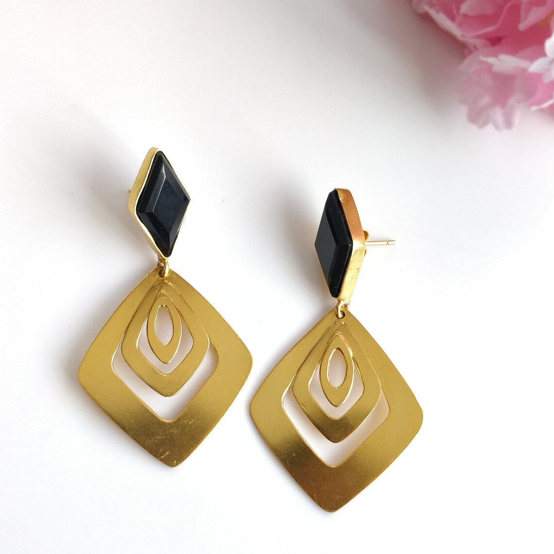 Black Gemstone Brass Earrings - 6x3CM Handmade 18K Gold Plated Boho Style Dangle Earrings with Marquise Bezel Setting (10g) - Perfect for Boho Chic, Festival, Party & Everyday Wear