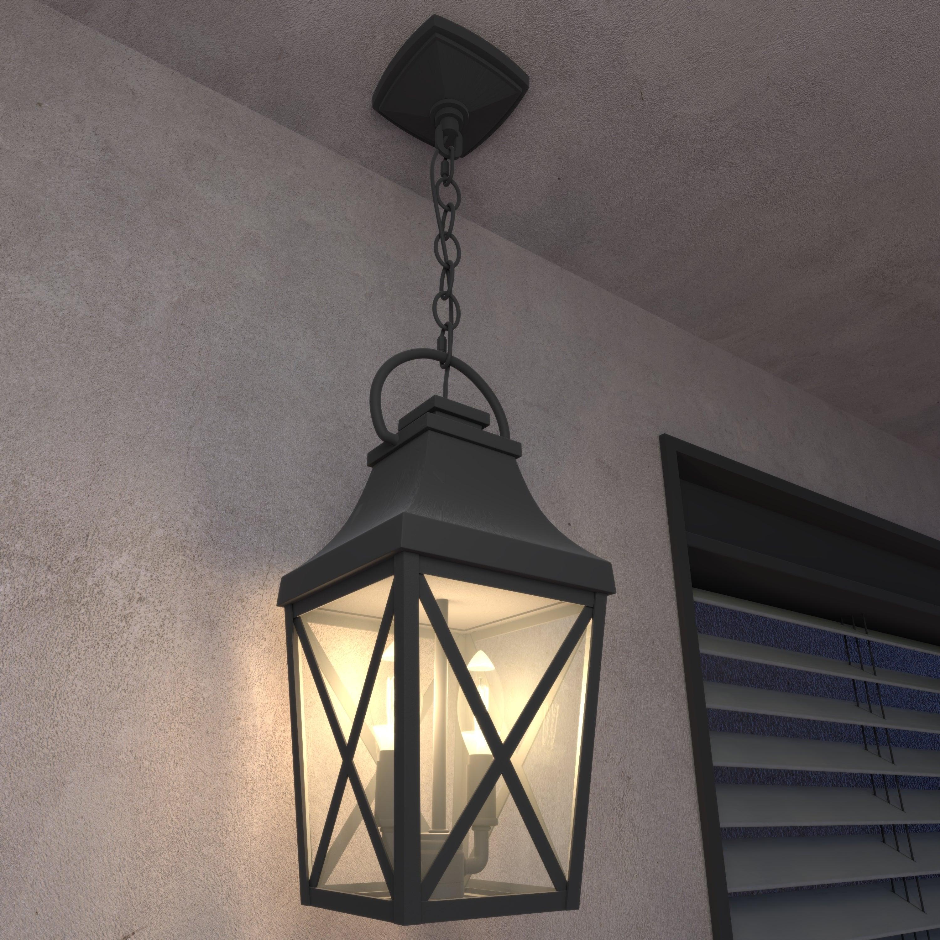 Black Outdoor Pendant Light Fixture - 2-Light Industrial Hanging Cage Chandelier with Clear Glass - Ceiling Mount for Porch, Entryway, Doorway, Farmhouse - Weatherproof & Durable (1 Pack) - Perfect for Patio, Deck, Garden & Outdoor Dining Areas