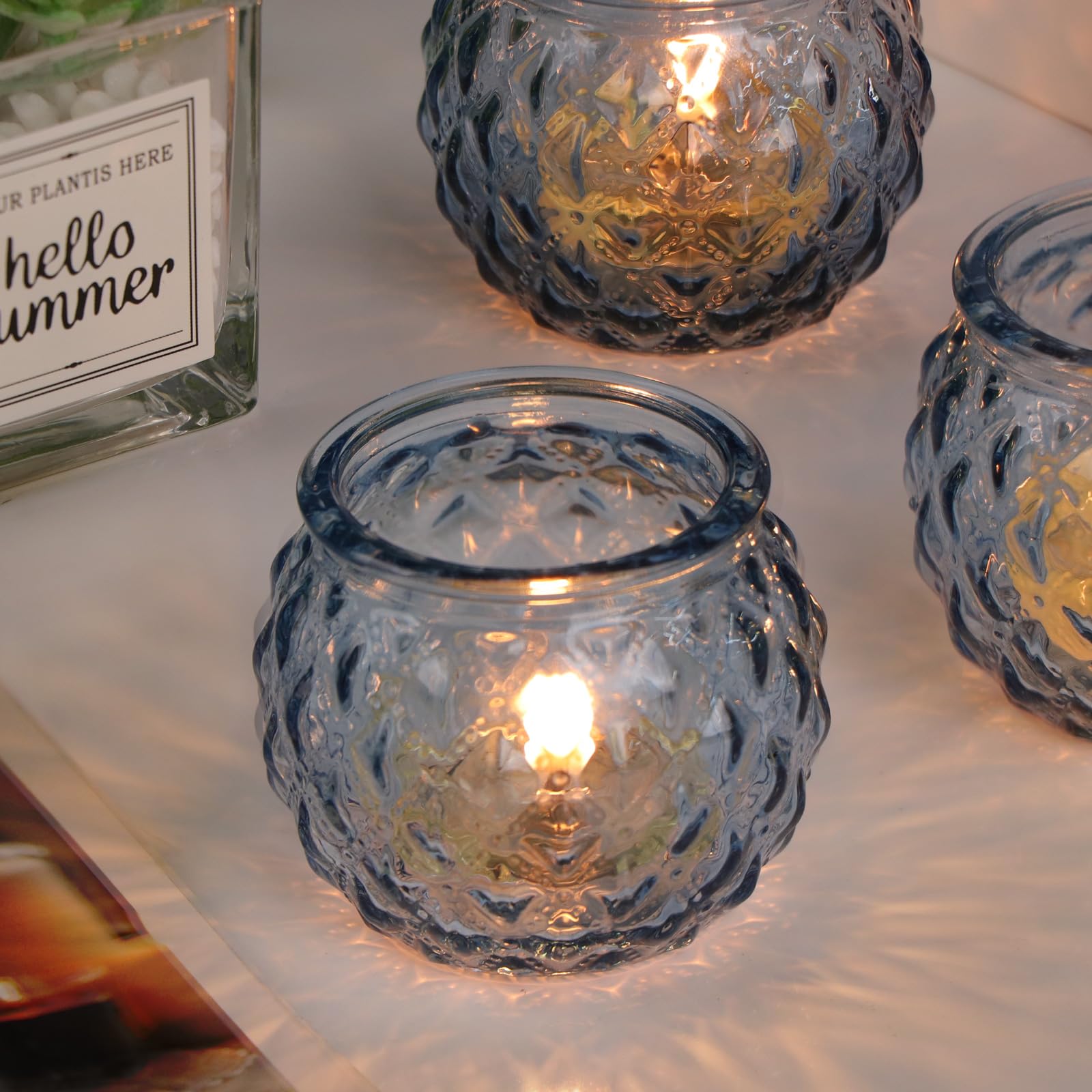 24-Pack Blue Glass Votive Candle Holders - Diamond Texture Round Tea Light Candle Containers for Wedding Centerpieces, Party Decor & Home Decoration | Perfect for Table Settings, Romantic Ambiance & Holiday Displays