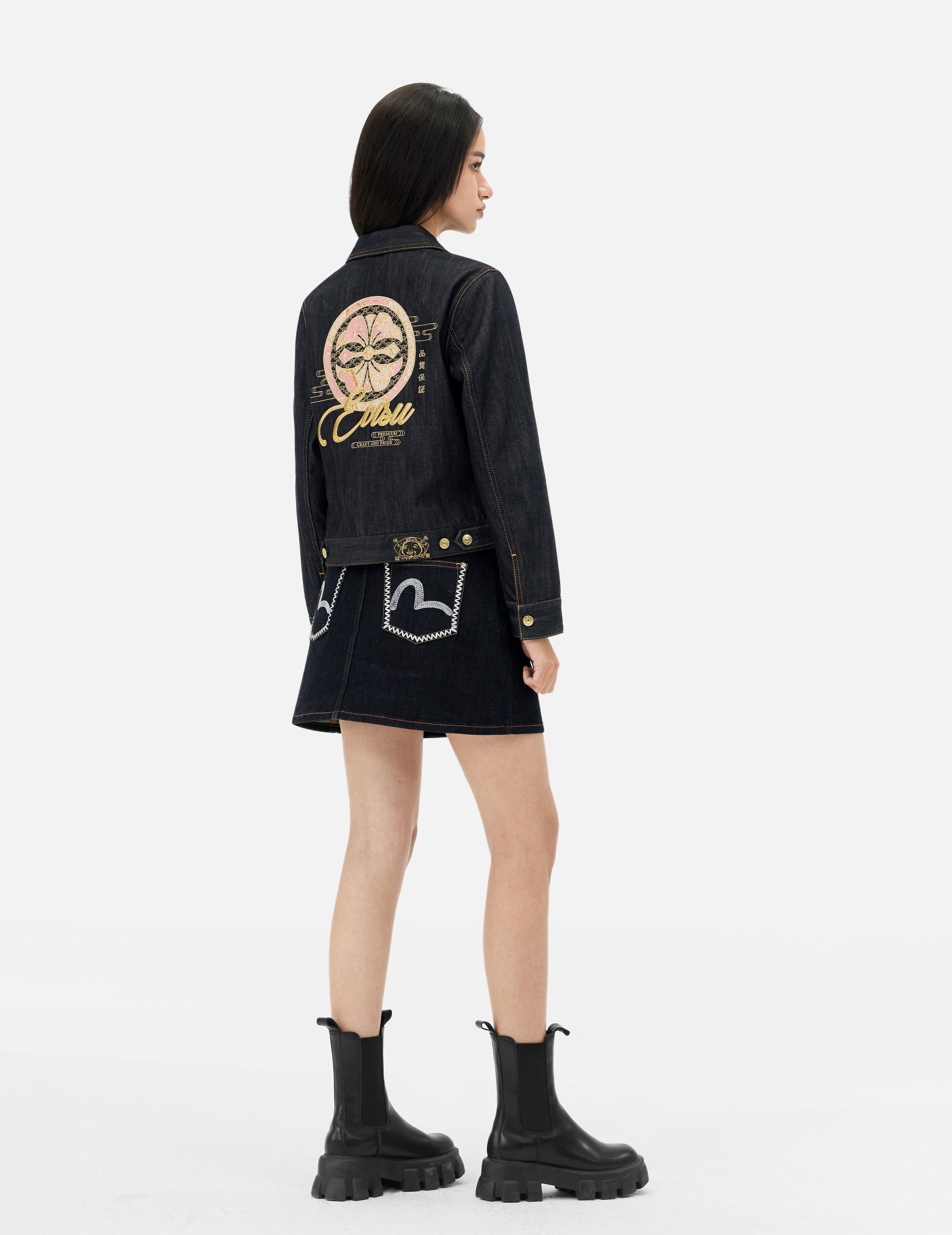 Stylish Brocade Inserted Kamon & Logo Embroidery Denim Jacket for Men & Women | Vintage Japanese Inspired Fashion | Perfect for Casual Outings, Streetwear & Fall Layering