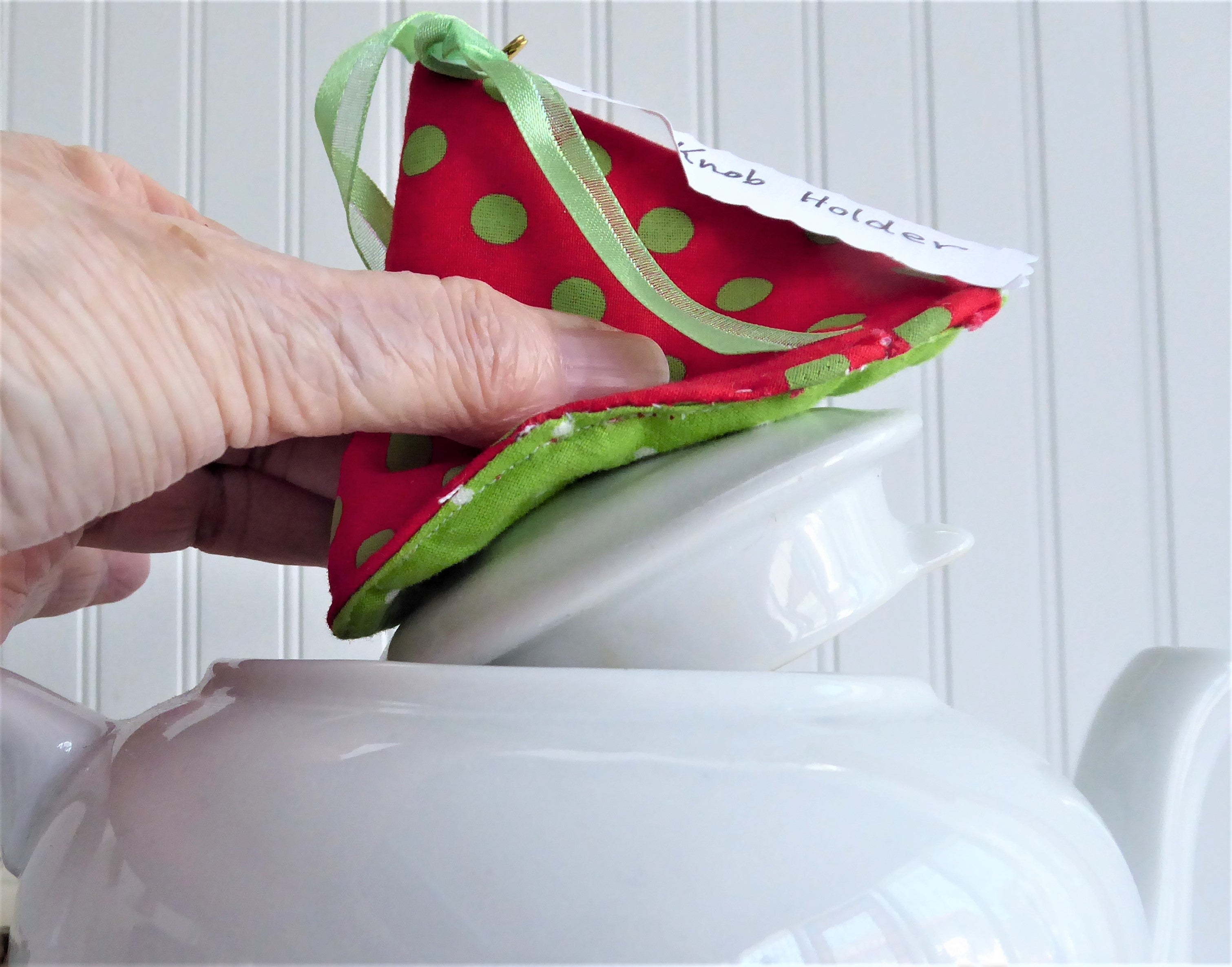 Red and Green Polka Dot Teapot Knob Holder - Padded with White and Green Polka Dots Inside - Perfect for Hot Teapots, Kettles, and Kitchen Safety Accessories