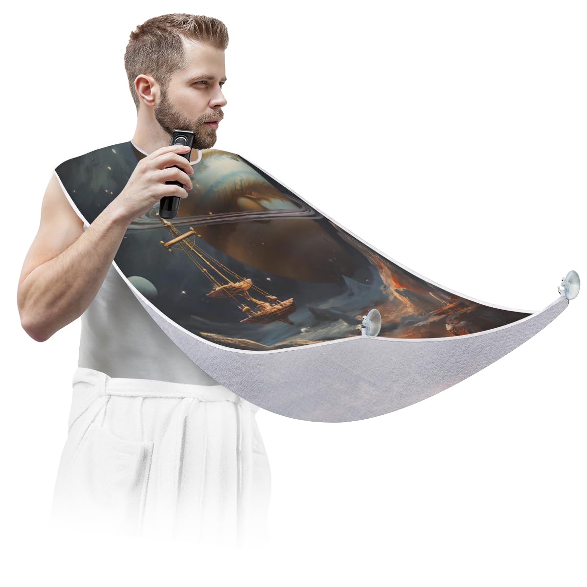 Cosmic Rocky Planet Beard Shaving Bib for Men - Waterproof Barber Cape for Haircut, Beard Trimming & Hair Dye - Sink Hair Catcher Apron for Salon & Home Use - Perfect Gift for Barbers & Stylists