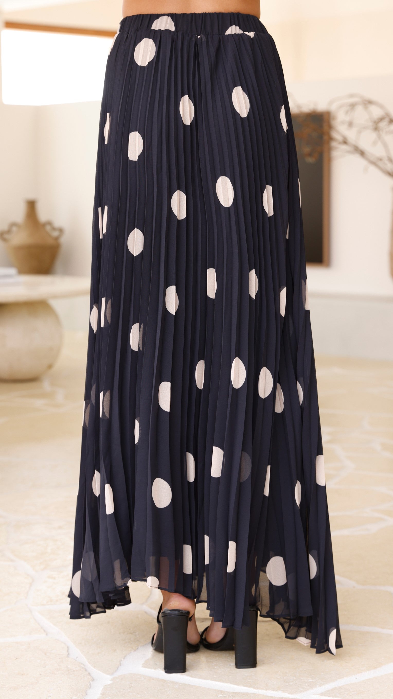 Cambree Peplum Top and Maxi Skirt Set - Black & Beige Polka Dot Outfit for Women | Elegant Two-Piece Dress for Party, Wedding & Special Occasions