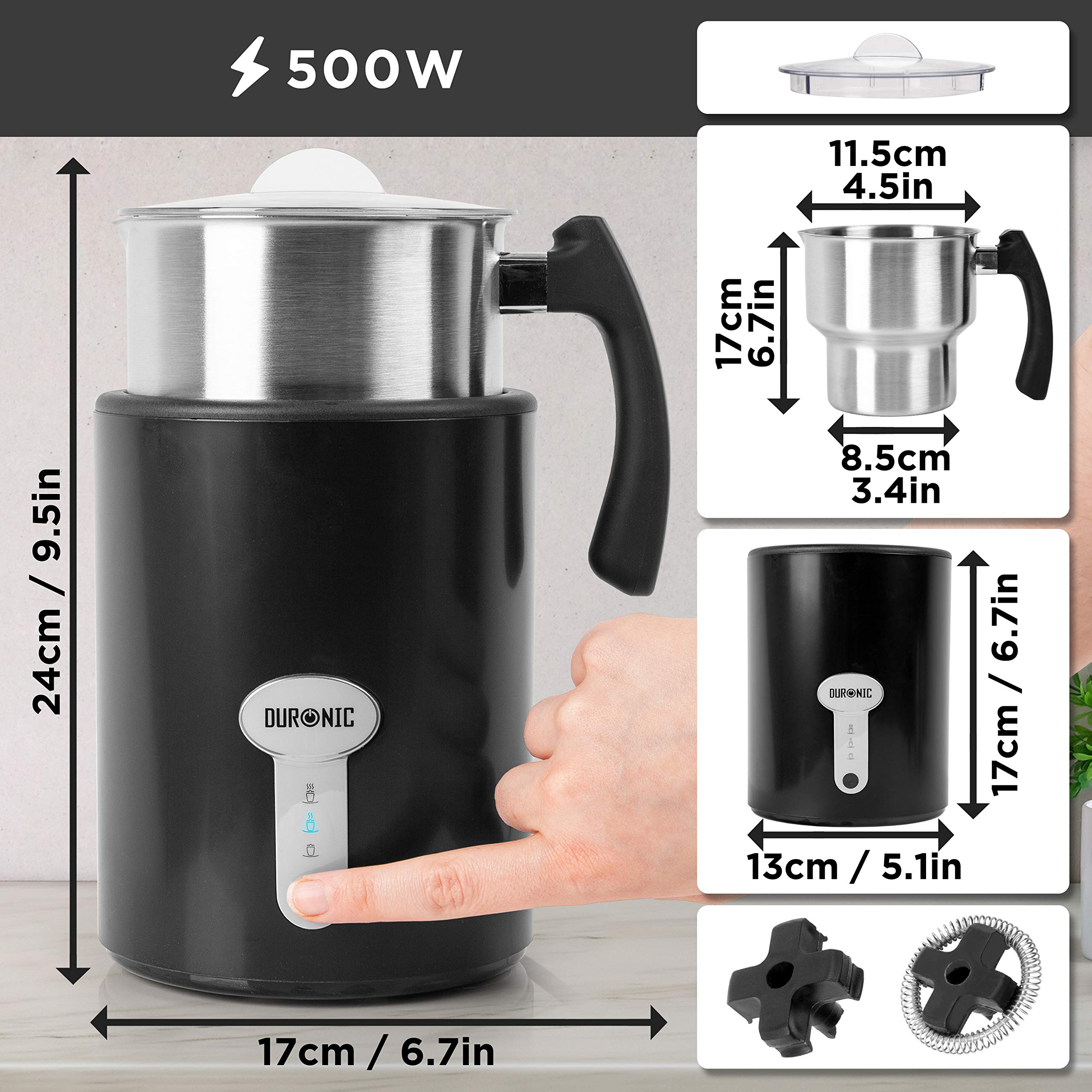Duronic Electric Milk Frother MF500 - Automatic Hot & Cold Foam Maker for Coffee, Latte, Matcha & Hot Chocolate - Milk Heater & Warmer for Perfect Froth - Ideal for Home, Office & Coffee Shops