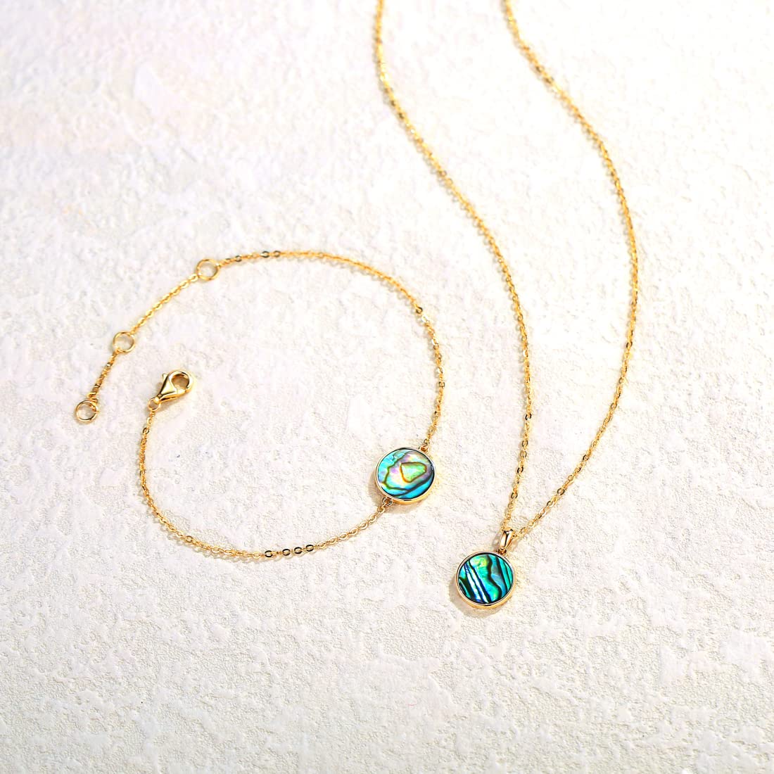 14K Solid Gold Coin Necklace & Bracelet Set for Women - Mother of Pearl, Abalone, Turquoise, Black Onyx, Opal Jewelry | Elegant Anniversary, Birthday Gift for Wife, Mom, Her | Perfect for Weddings, Parties, Special Occasions