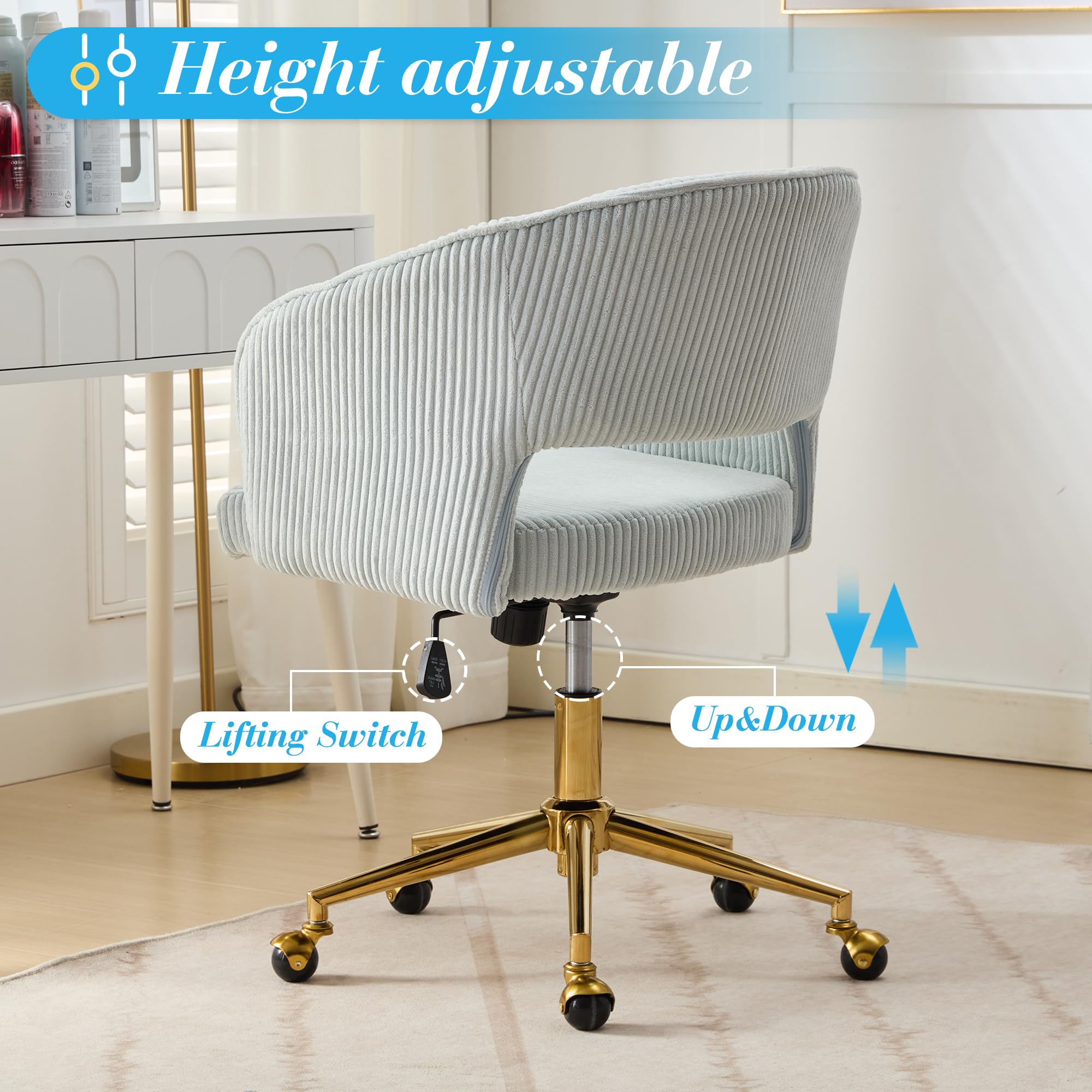 Ergonomic Swivel Office Chair with Corduroy Fabric & Gold Base - Comfortable Tufted Desk Chair for Women, Girls, Home Office, Study & Computer Work - Light Blue Accent Armchair for Living Room & Workspace