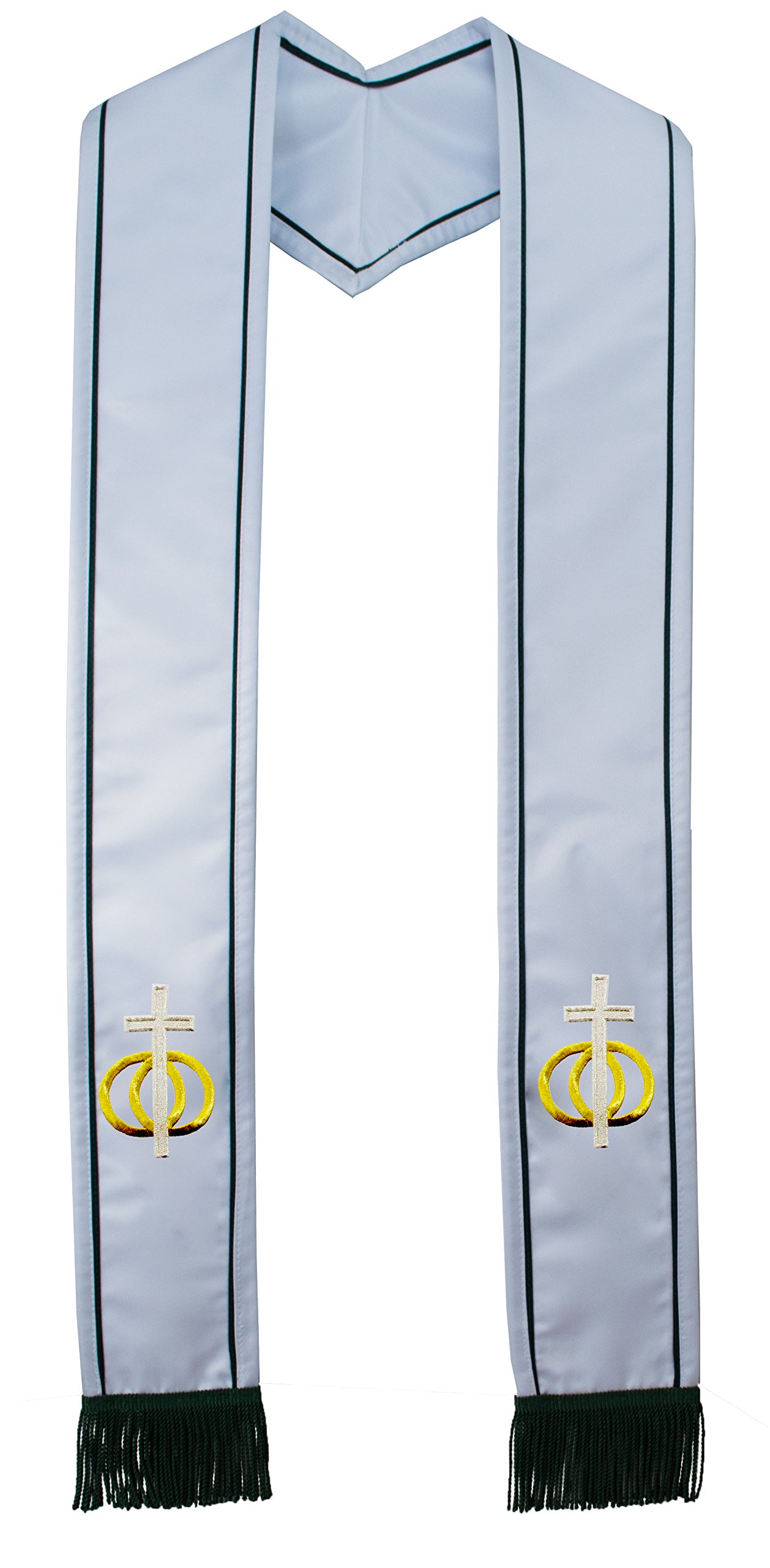 White Clergy Stole with Deluxe Satin Wedding Rings Unity Cross Symbol - 100% Polyester Pastor Sash for Ministers & Priests | 72