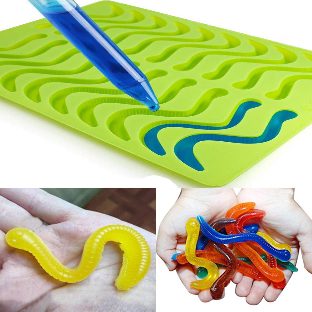 Premium 2-Pack Silicone Gummy Worm Molds - 20 Cavities with Bonus Dropper (Red & Green) for Candy Making & Ice Cubes | DIY Treats, Party Favors & Home Baking Accessories