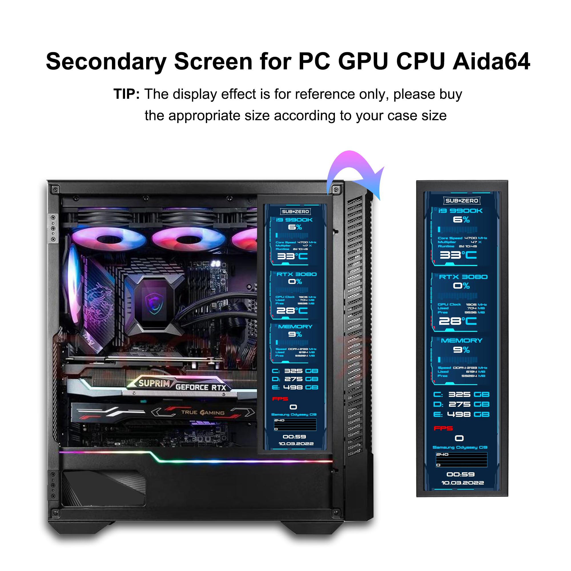 8.8 Inch Secondary Computer Monitor - FHD IPS 1920x480 LCD Display with Case for CPU/GPU Temperature Monitoring | Compatible with Windows & Aida64 | Perfect for PC Builds, Gaming Rigs, and Workstation Temperature Management