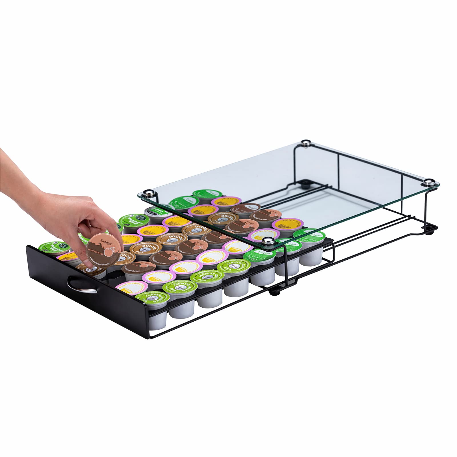 ZCDCP K Cup Holder Drawer Storage Organizer - Crystal Tempered Glass Top - Holds 42 K-Cups - Perfect for Keurig Coffee Pods - Office & Kitchen Counter Organization - Ideal for Coffee Stations, Break Rooms & Home Kitchens
