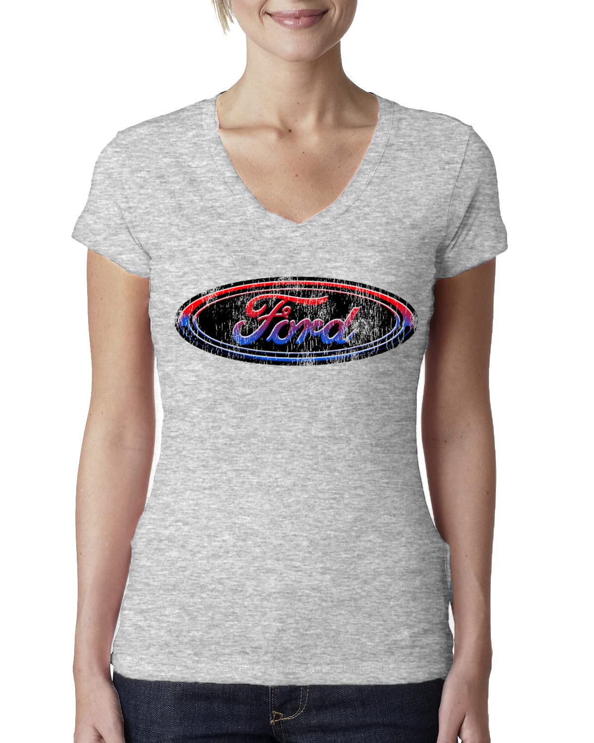 Ford Logo Cars & Trucks Women's Junior Fit V-Neck T-Shirt - Red, Blue & Black Colors | Casual Wear & Car Enthusiast Gift