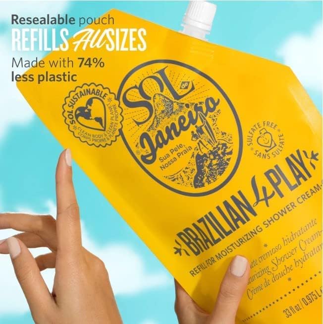 SOL DE JANEIRO Brazilian Play Moisturizing Shower Gel Body Wash 1L + 1L Refill Pouch - Amazon Exclusive | Hydrating Coconut Scent for Soft Skin | Perfect for Daily Shower & Spa Day at Home
