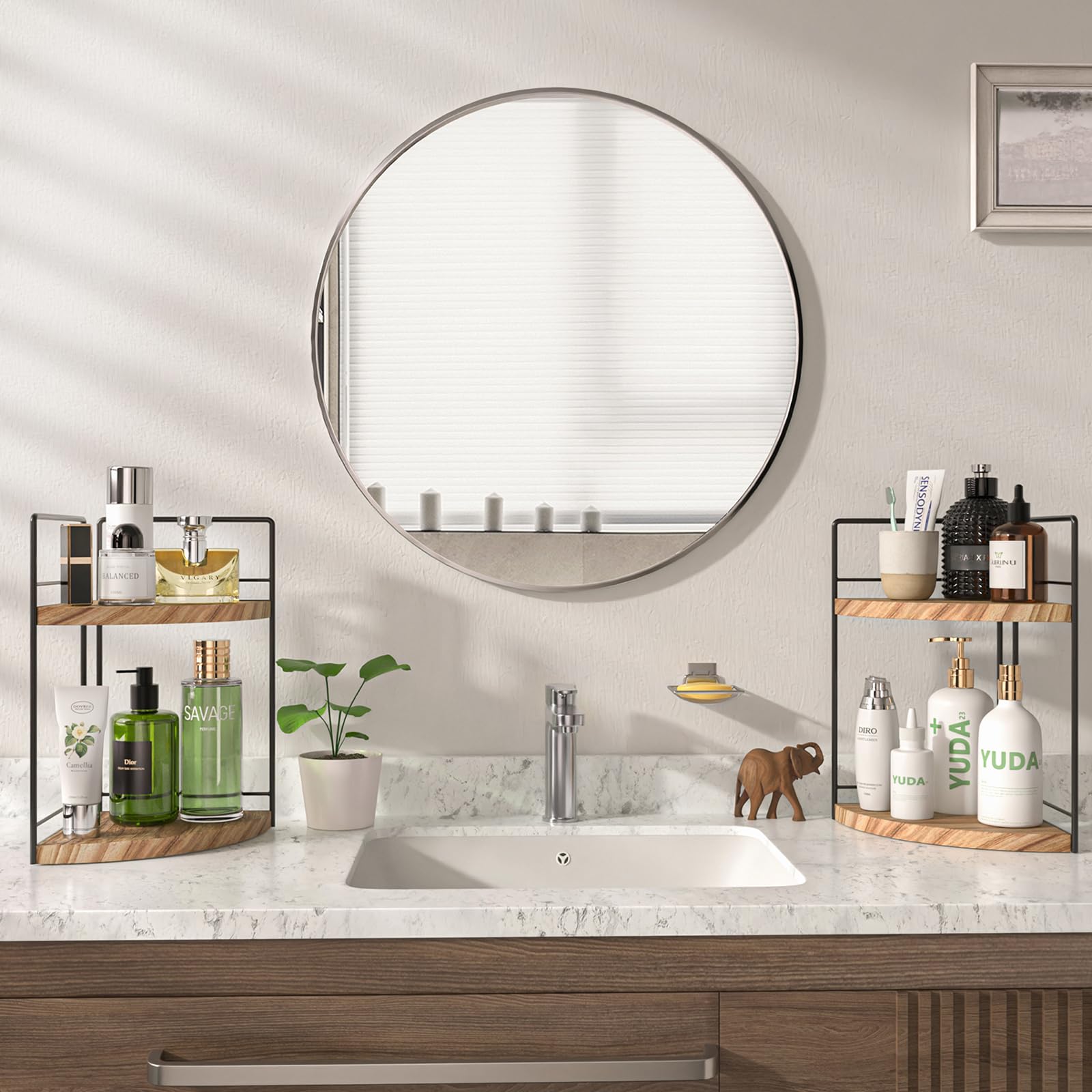 2-Pack Wooden 2-Tier Bathroom Counter Organizer - Corner Vanity Tray for Makeup, Jewelry & Essentials - Perfect for Bathroom, Kitchen & Dresser Storage & Decoration